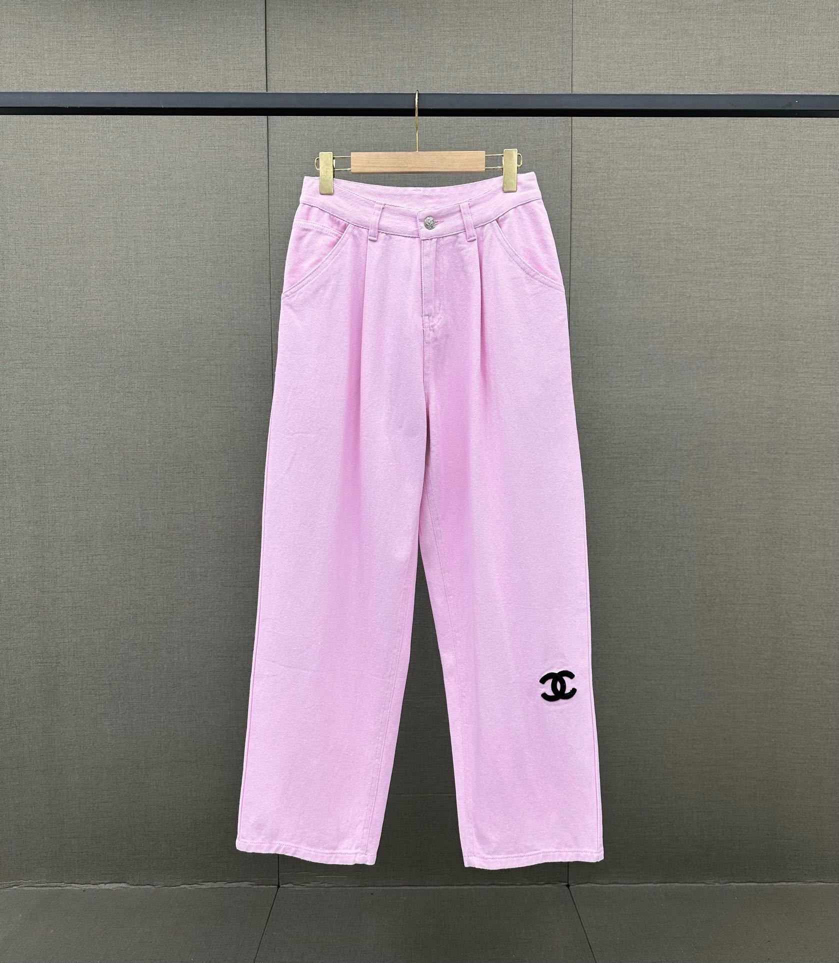 Джинсы Chanel 2403 Весна/Лето с логотипом, высокой талией и широкими штанинами - Розовые