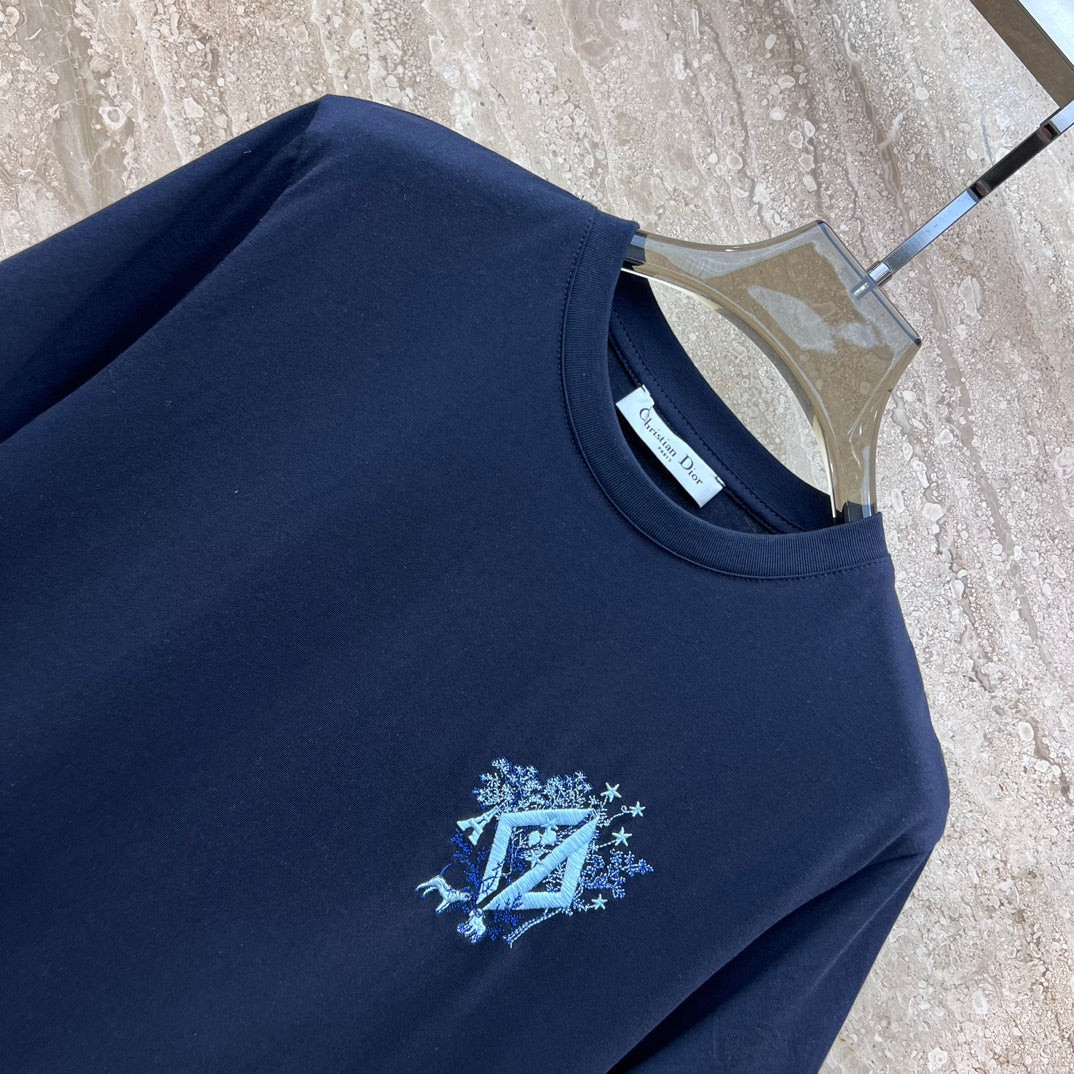 Новинка сезона весна/лето 2024 - Футболка с коротким рукавом и круглым вырезом, с вышивкой в ??виде щенка - синяя