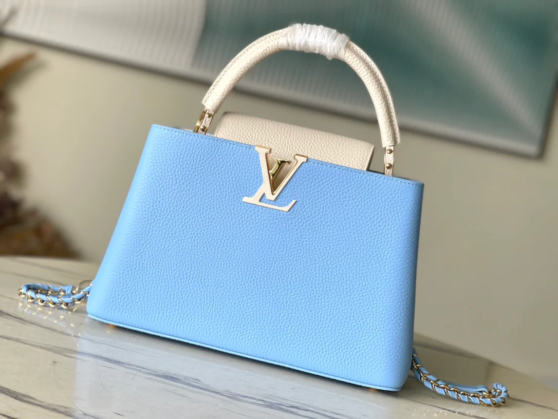 m21887-LV-Taurilon Leather-Capucines Handbag-Light Blue-Medium Size