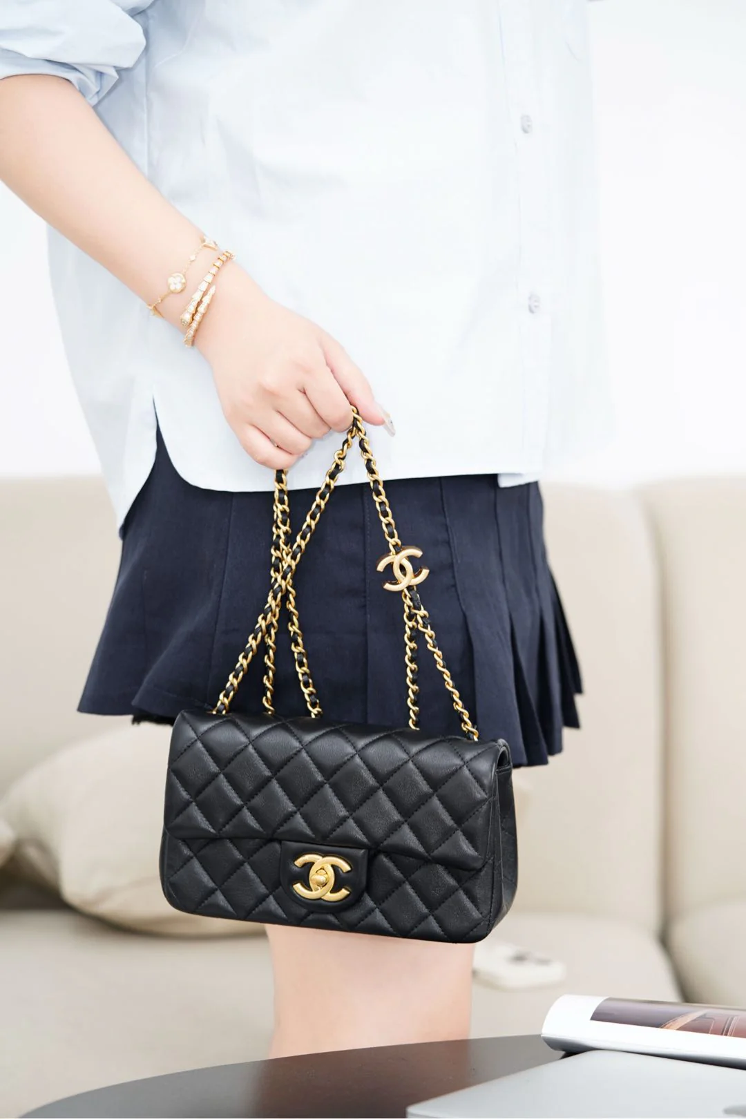 Chanel 25B Double C Регулируемая цепочка CF Большая мини-цепочка Черная с золотой пряжкой