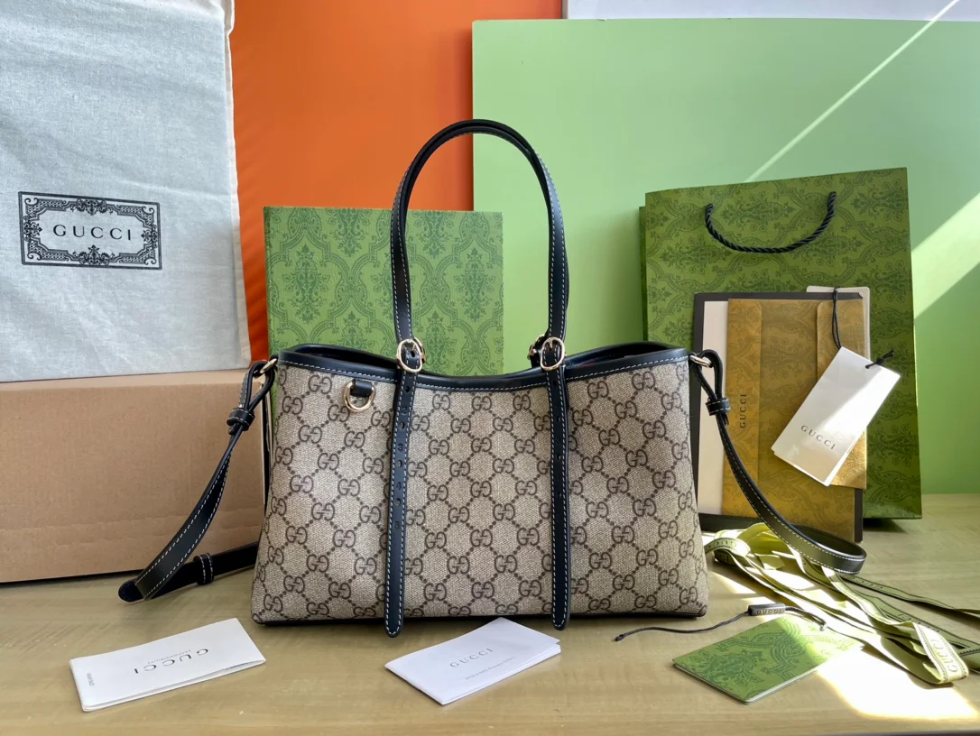 Маленькая сумка-тоут Gucci 2025 с отделкой из черной кожи - коричневая