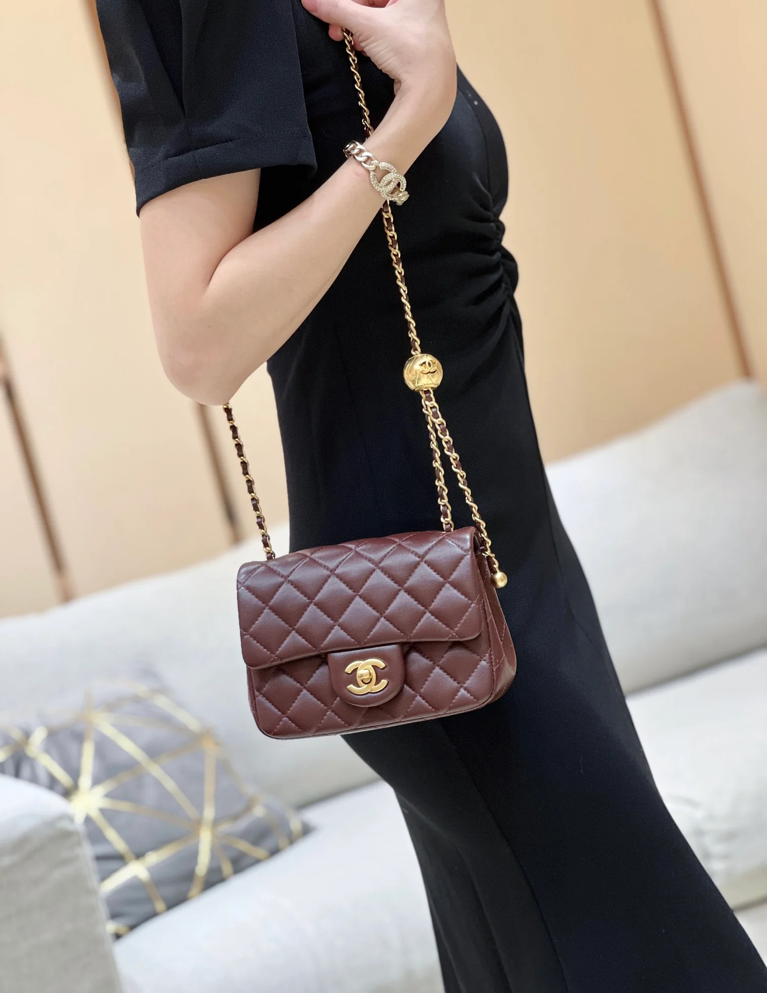 Chanel CF Gold Ball Square Fat Man - Burgundy
