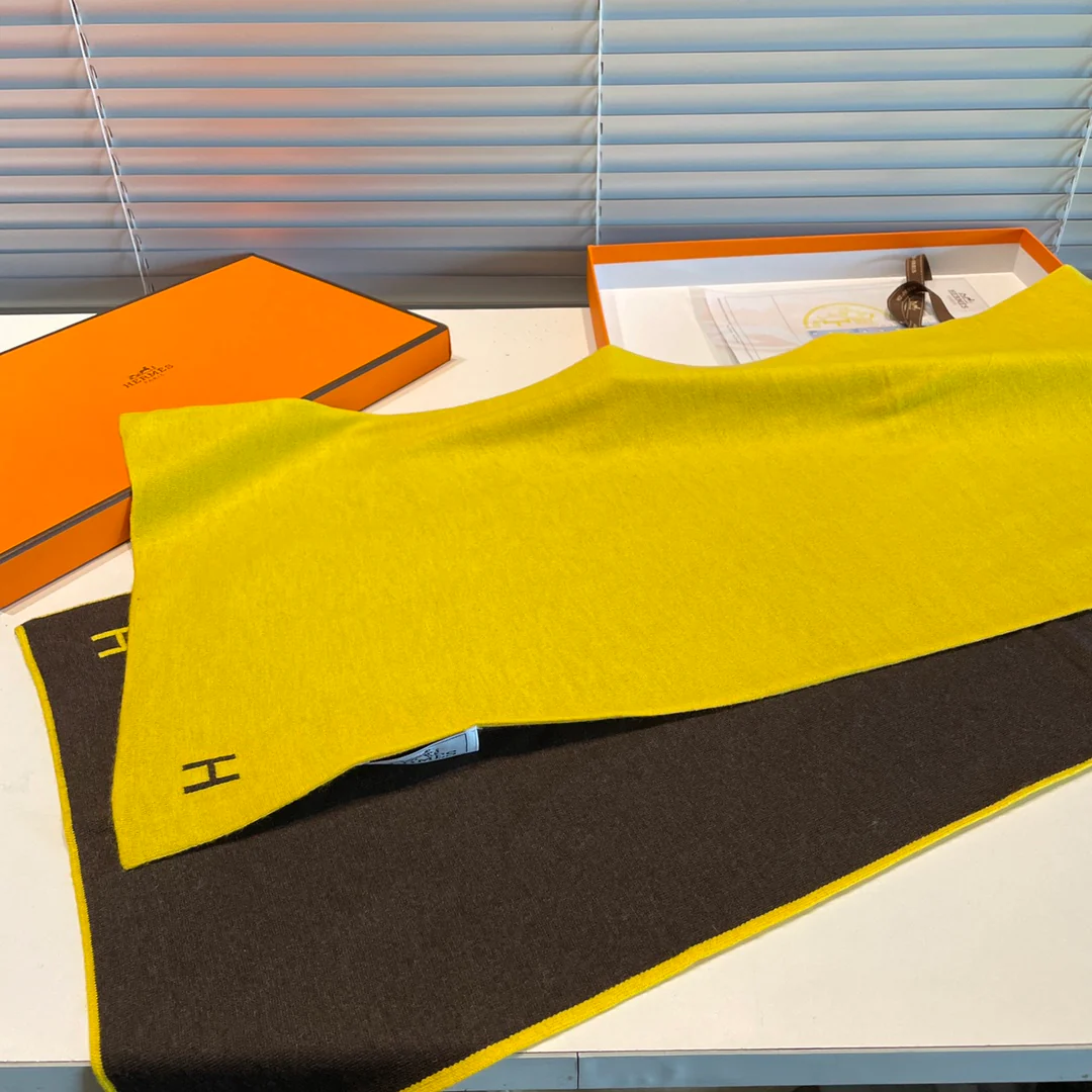 Вязаный кашемировый двусторонний шарф Hermes - 32 см - 180 см - желто-коричневый