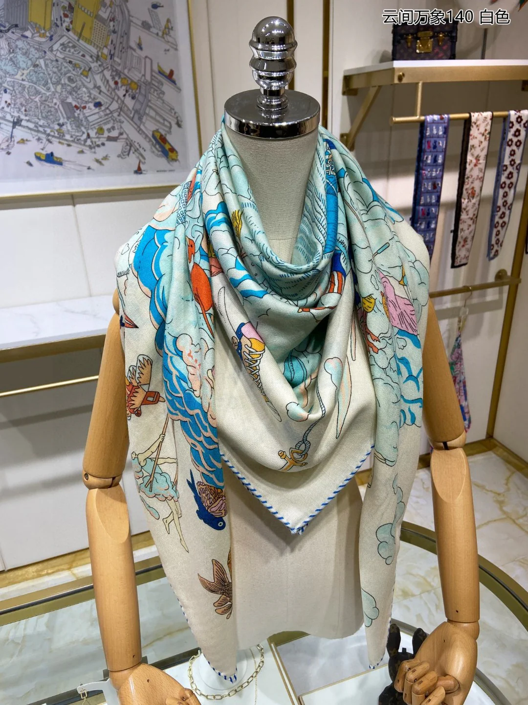 Семейный шарф Lu L's Family - Cloud and Myriad Images Square Scarf - 140cm - 70cm - Cashmere - 30cm - Silk - White
