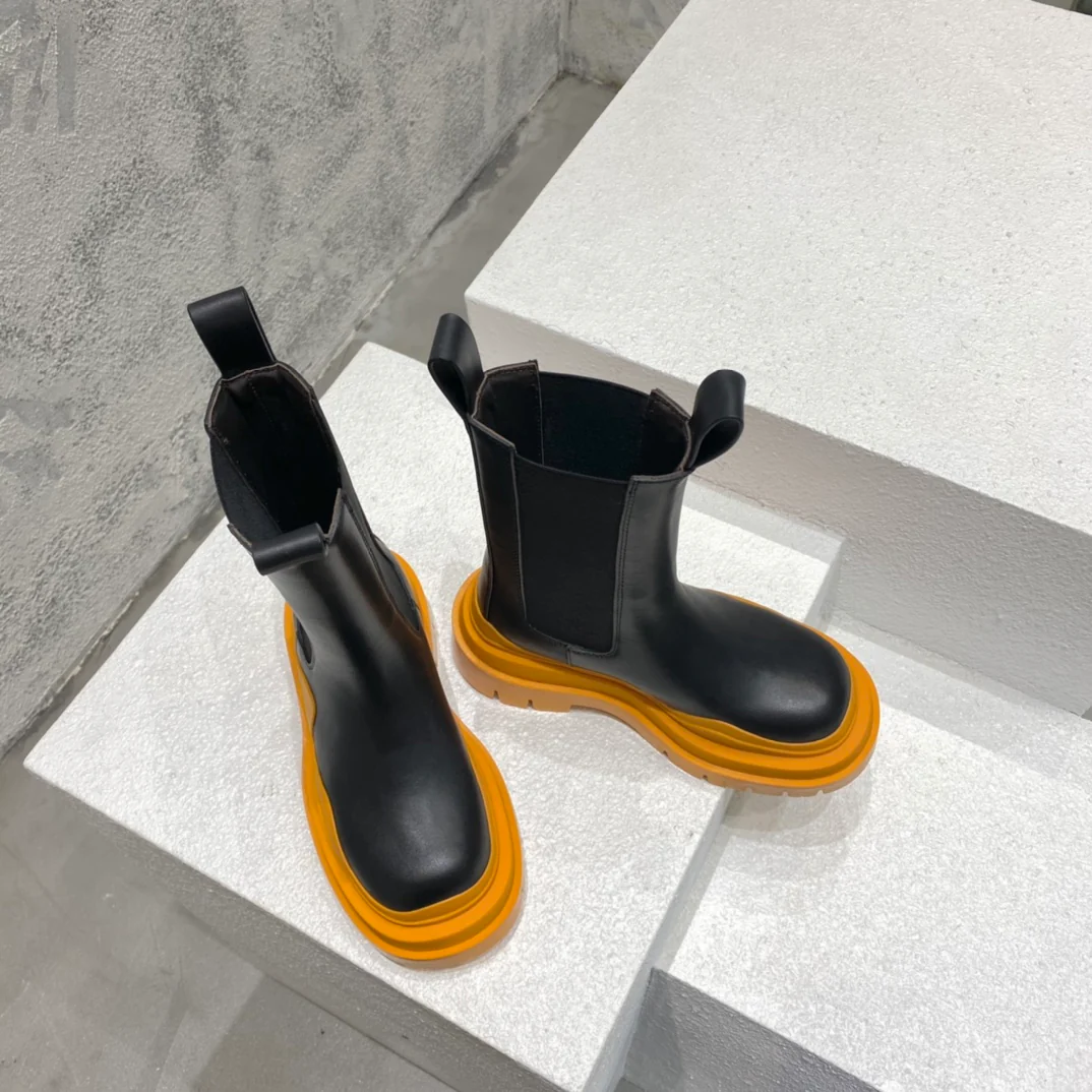 BV-22ss - Британские ретро-сапоги до середины икры - Унисекс - Черные с оранжевой подошвой