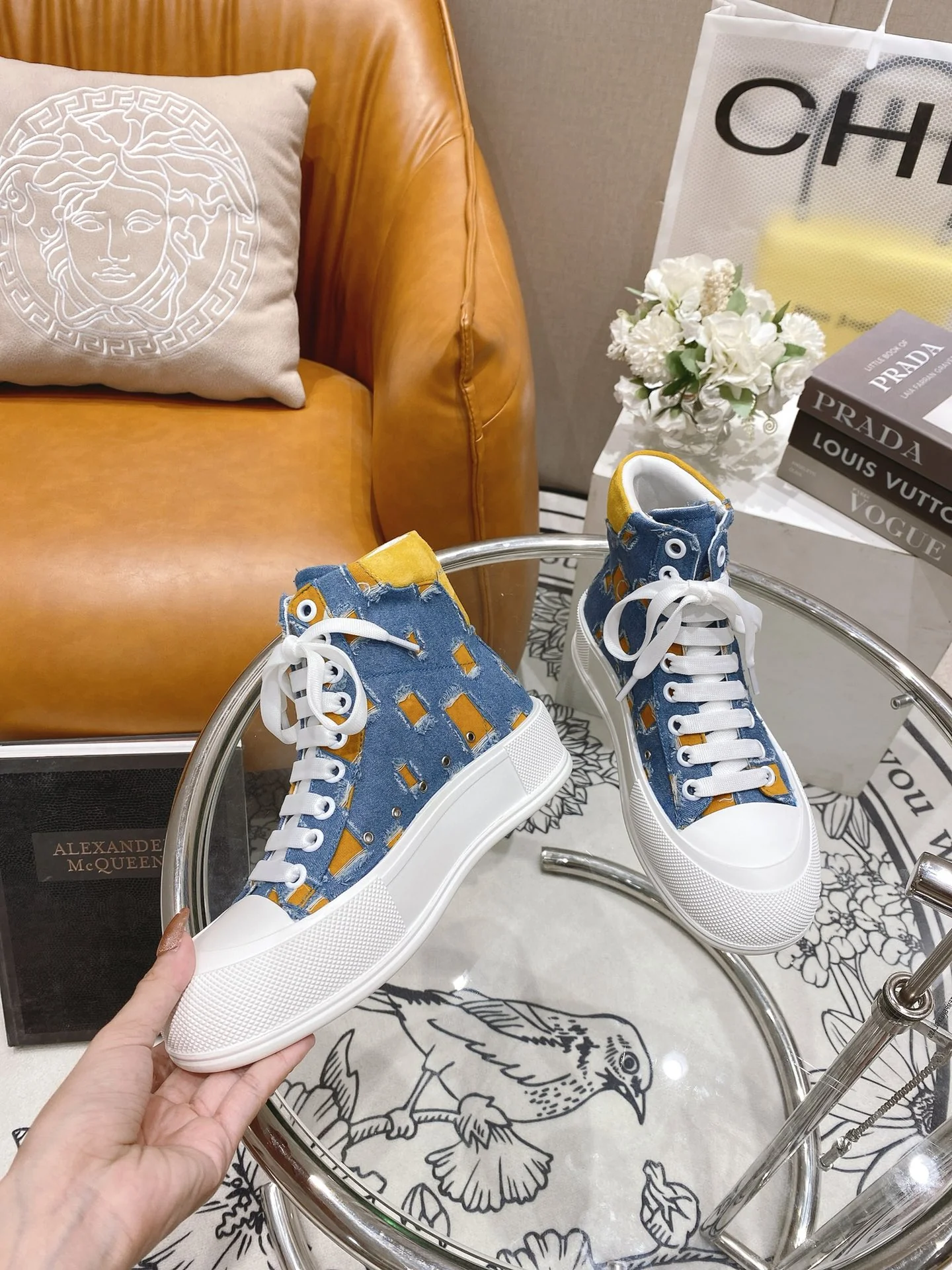 Кроссовки на платформе McQueen из парусины - джинсовый лоскутный дизайн - парный стиль