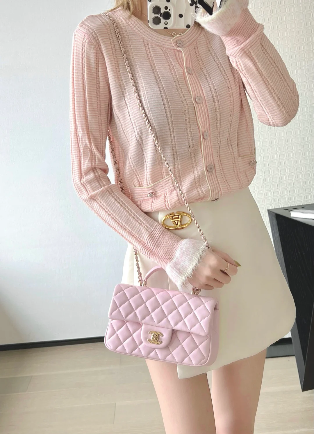 Chanel - Большая сумка - Светло-розовая - Светло-золотистая пряжка