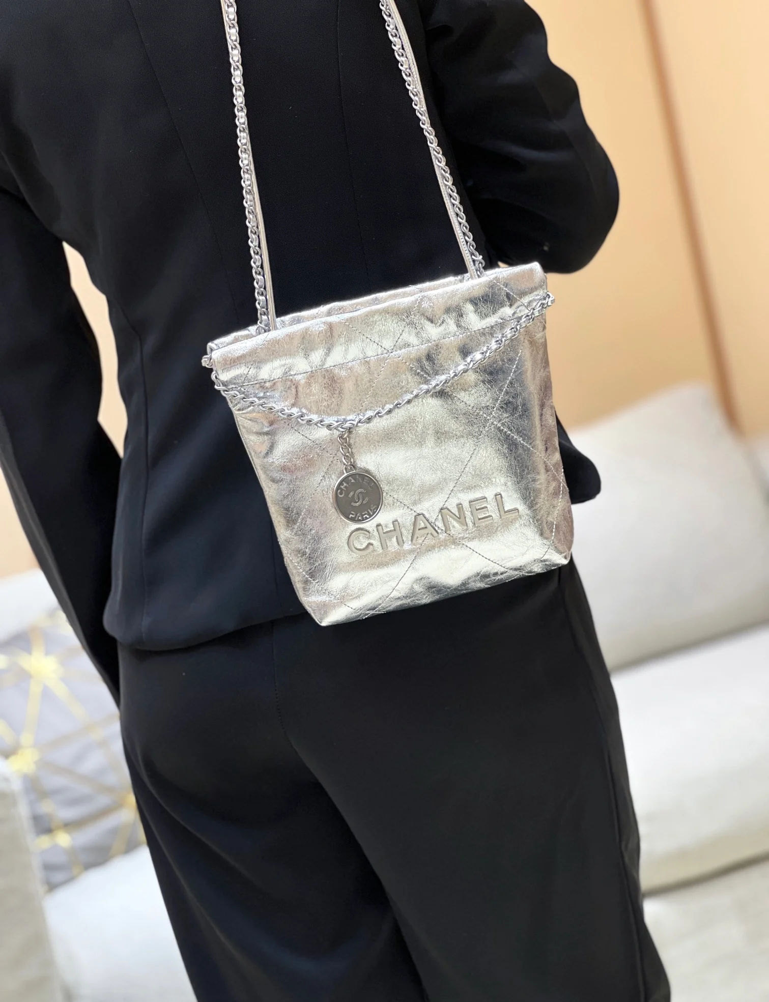 Chanel 25c 22bag mini metallic leather silver