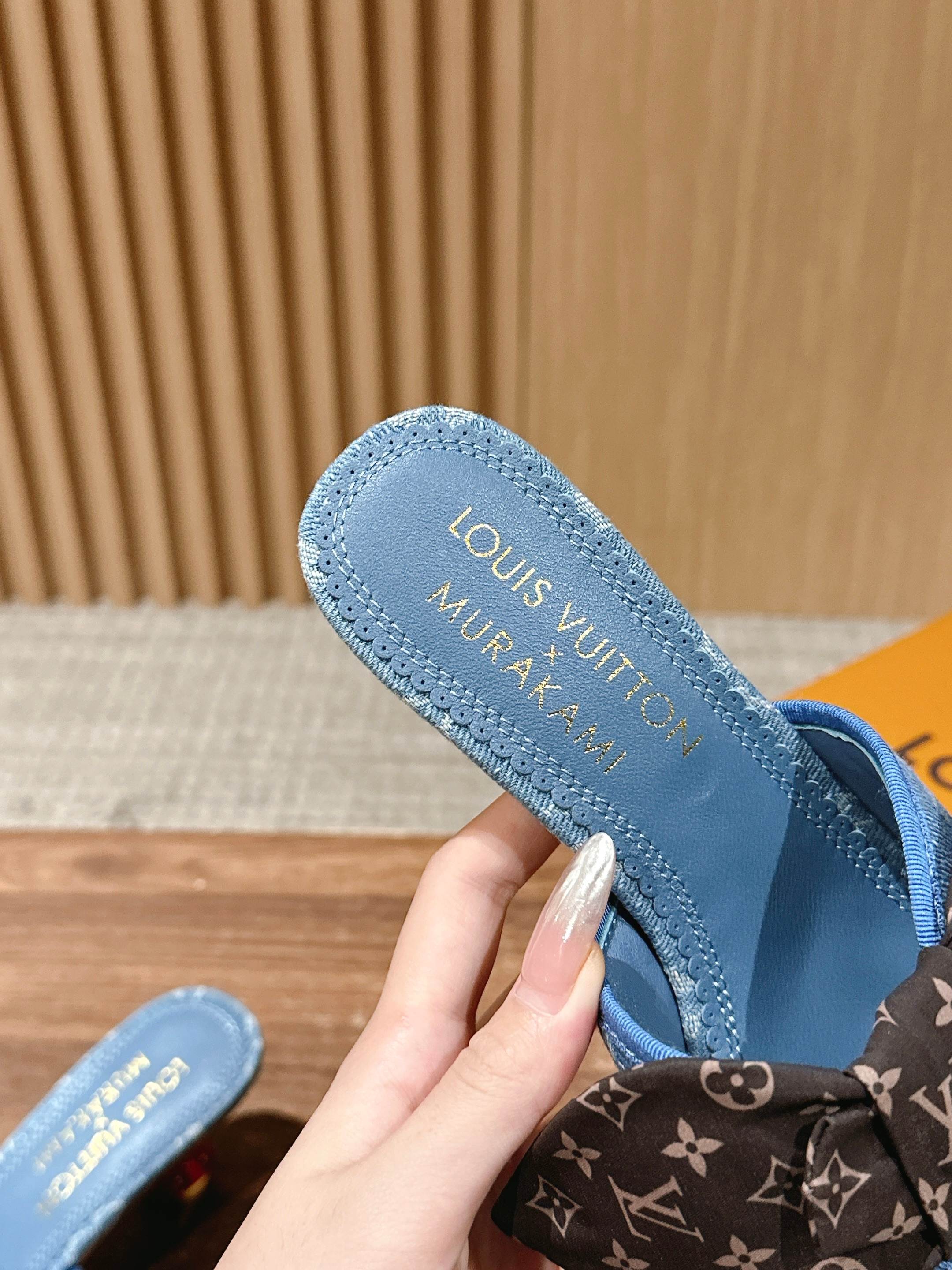 LV - Босоножки на низком каблуке с бантом и вишневым узором - Синие