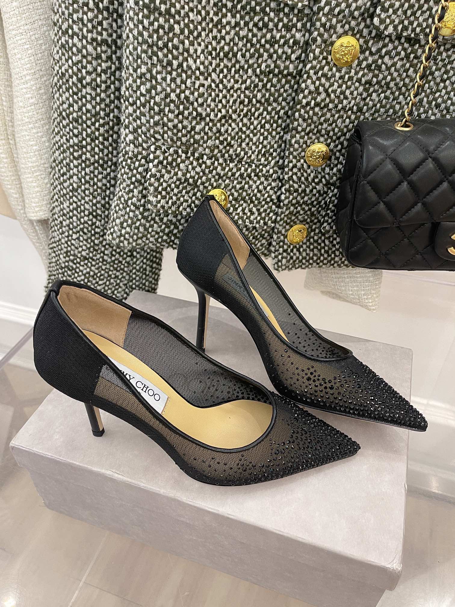 Jimmy - Туфли на высоком каблуке с сетчатой ??отделкой и стразами - Черные