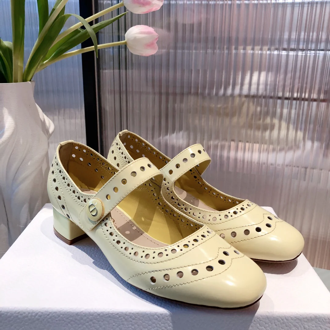 Dior - Ретро - Круглый носок - Ажурный низкий каблук - Светло-желтый