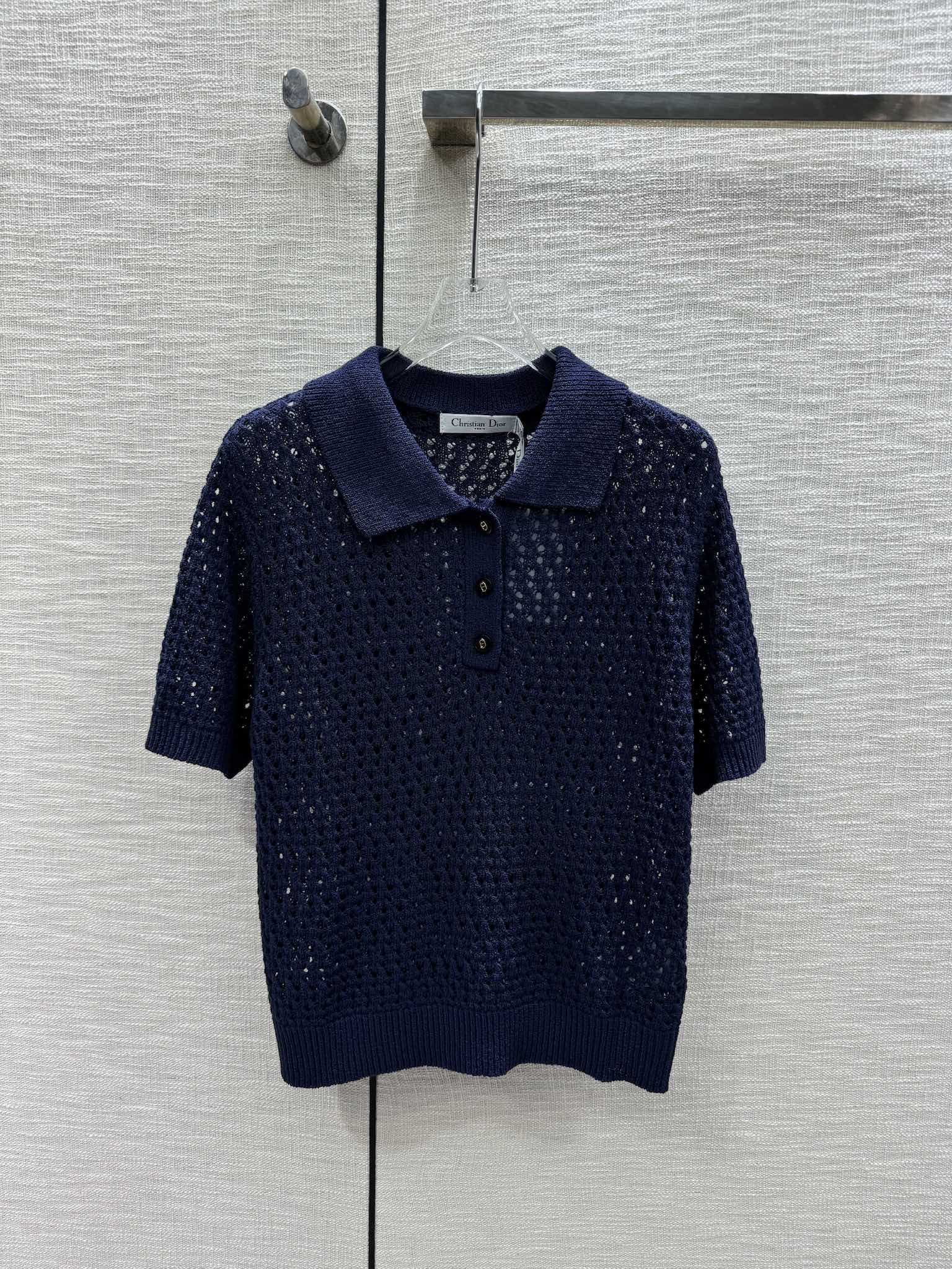 Dior 2403 - Ажурный вязаный свитер без воротника с короткими рукавами - Синий