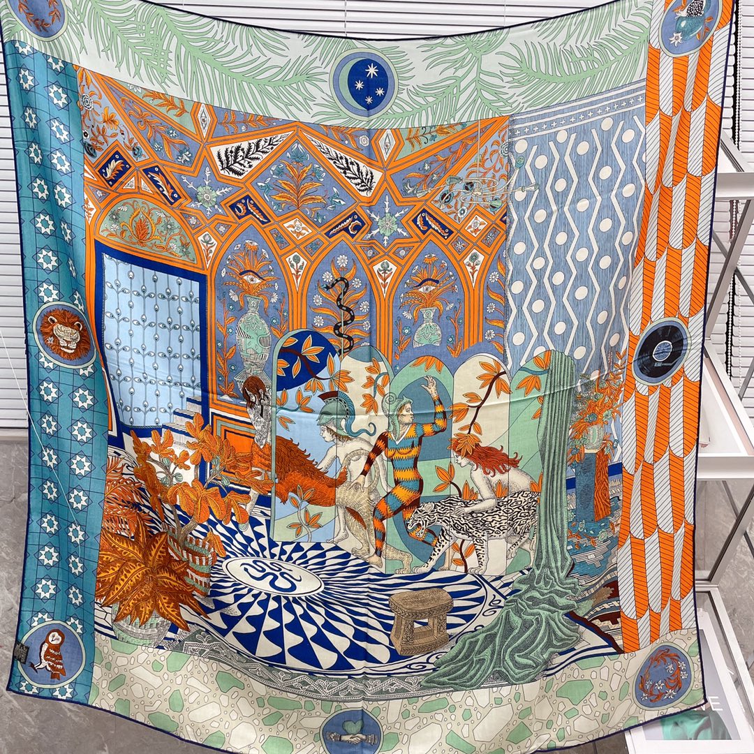 Большой двусторонний шарф Hermes - 140 см - 30 - Шелк 70 - Шерсть - 2