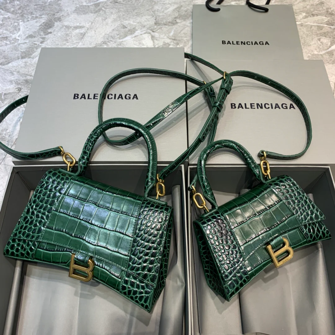 Сумка Balenciaga Hourglass – темно-зеленая с крокодиловым принтом