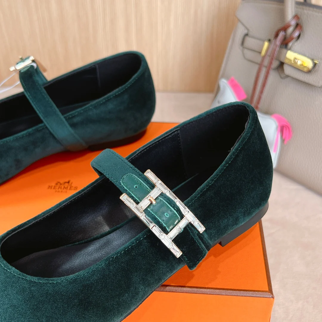 Балетки Hermes 2024 - темно-зеленые