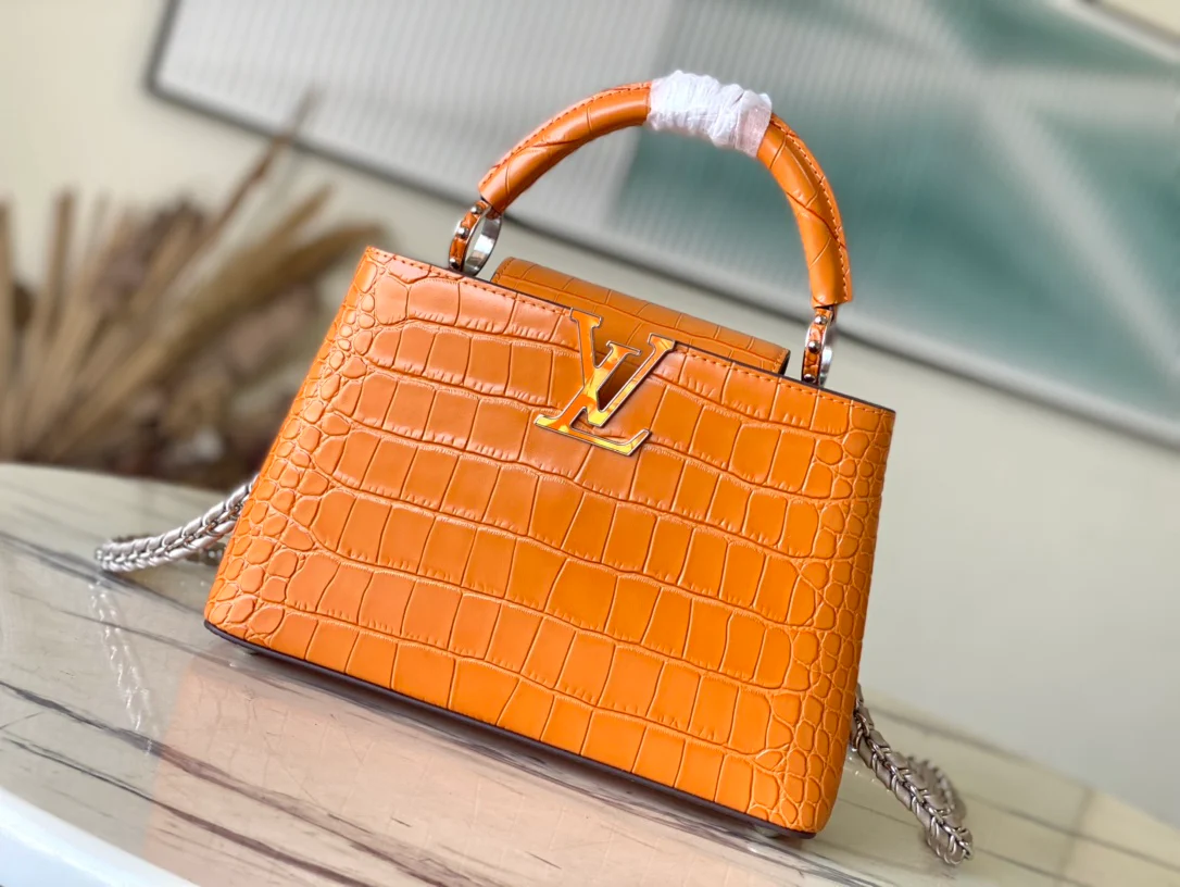 n48865-LV-capucines-bb сумка/сумка через плечо, глянцевая крокодиловая кожа, оранжевый цвет, маленький размер