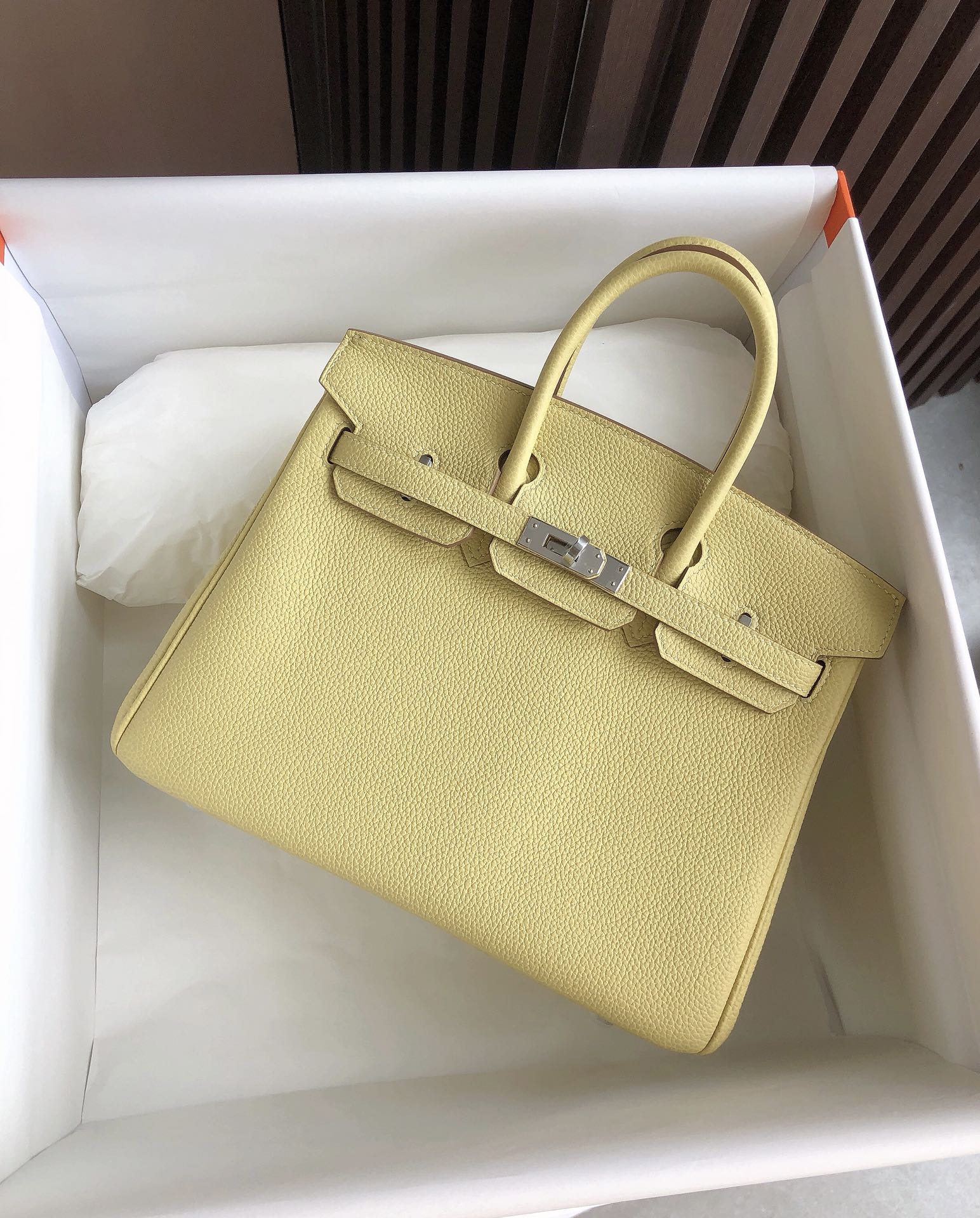 Сумка Hermes Birkin 25 Togo с маленьким яичным желтком и серебряной пряжкой.
