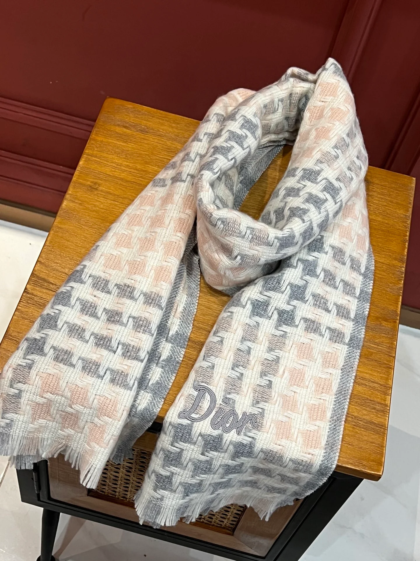 Кашемировый шарф Dior в клетку ?гусиная лапка? - 45 см - 186 см - бежевый