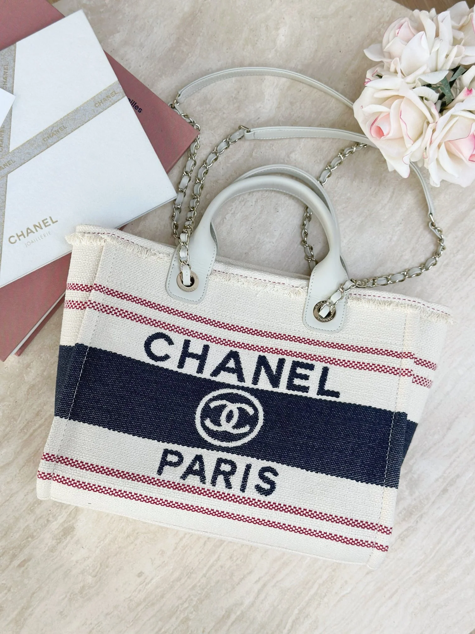 Пляжная сумка Chanel 25c, косметичка, красно-синяя.