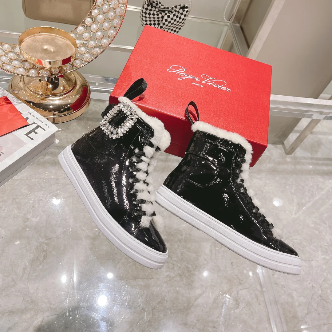 RV-Diamond Buckle Patent Leather Fur Lined High-top Shoes-White Fur Lining