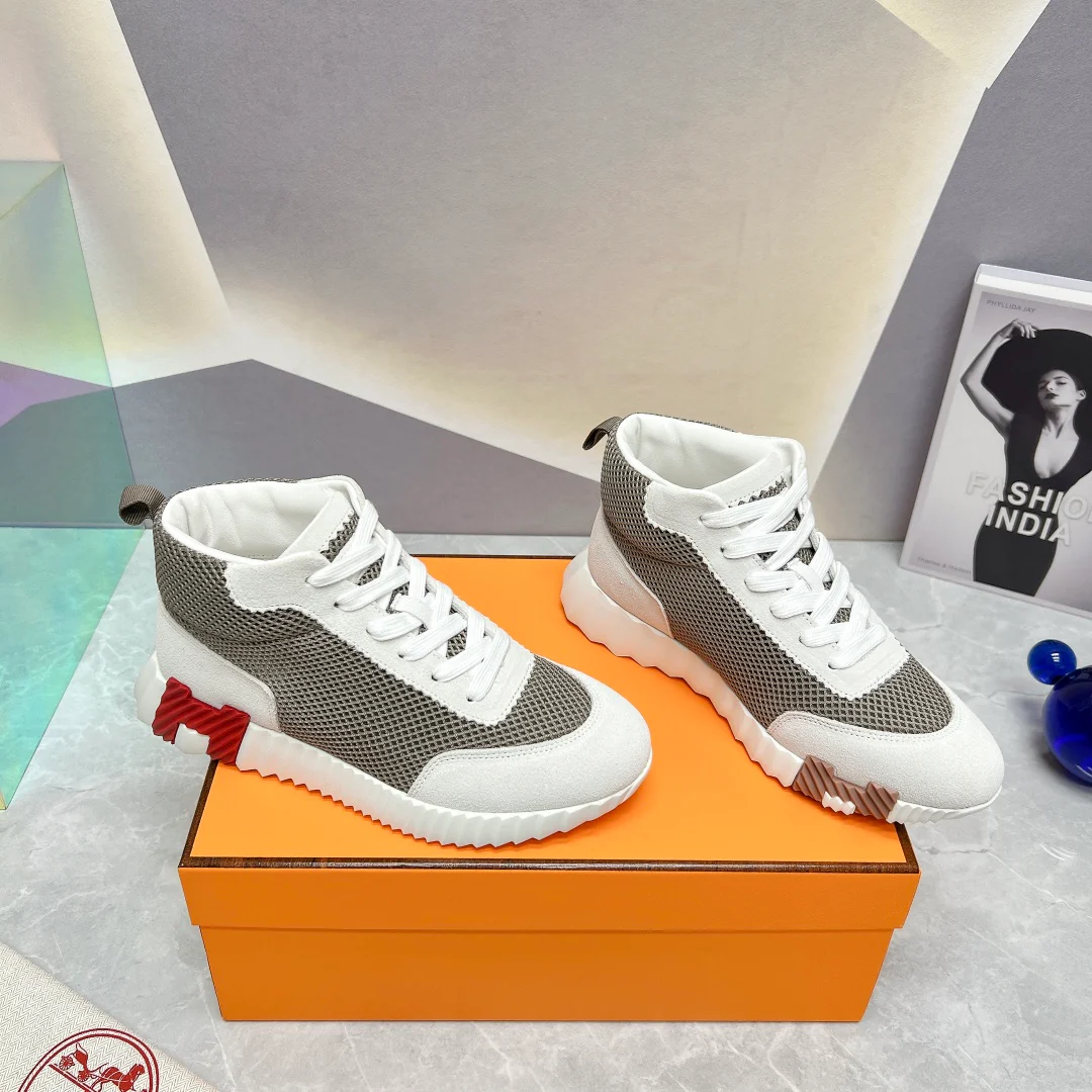 Новинка сезона весна/лето 2023 от Hermes - Дышащие сетчатые высокие повседневные кроссовки - Унисекс - Белый/Серый