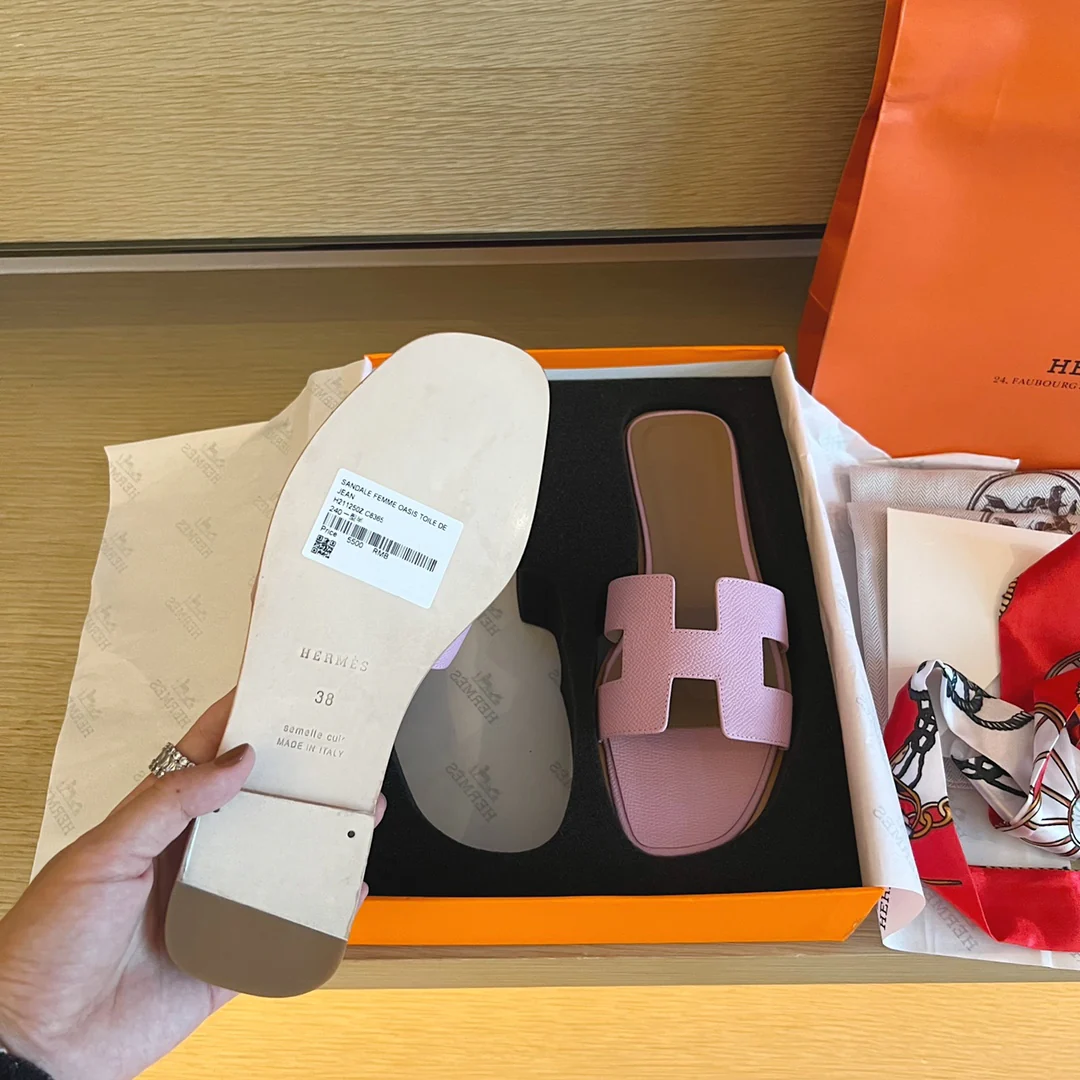 Тапочки Hermes-h на плоской подошве - серия с принтом пальмовых листьев - 1