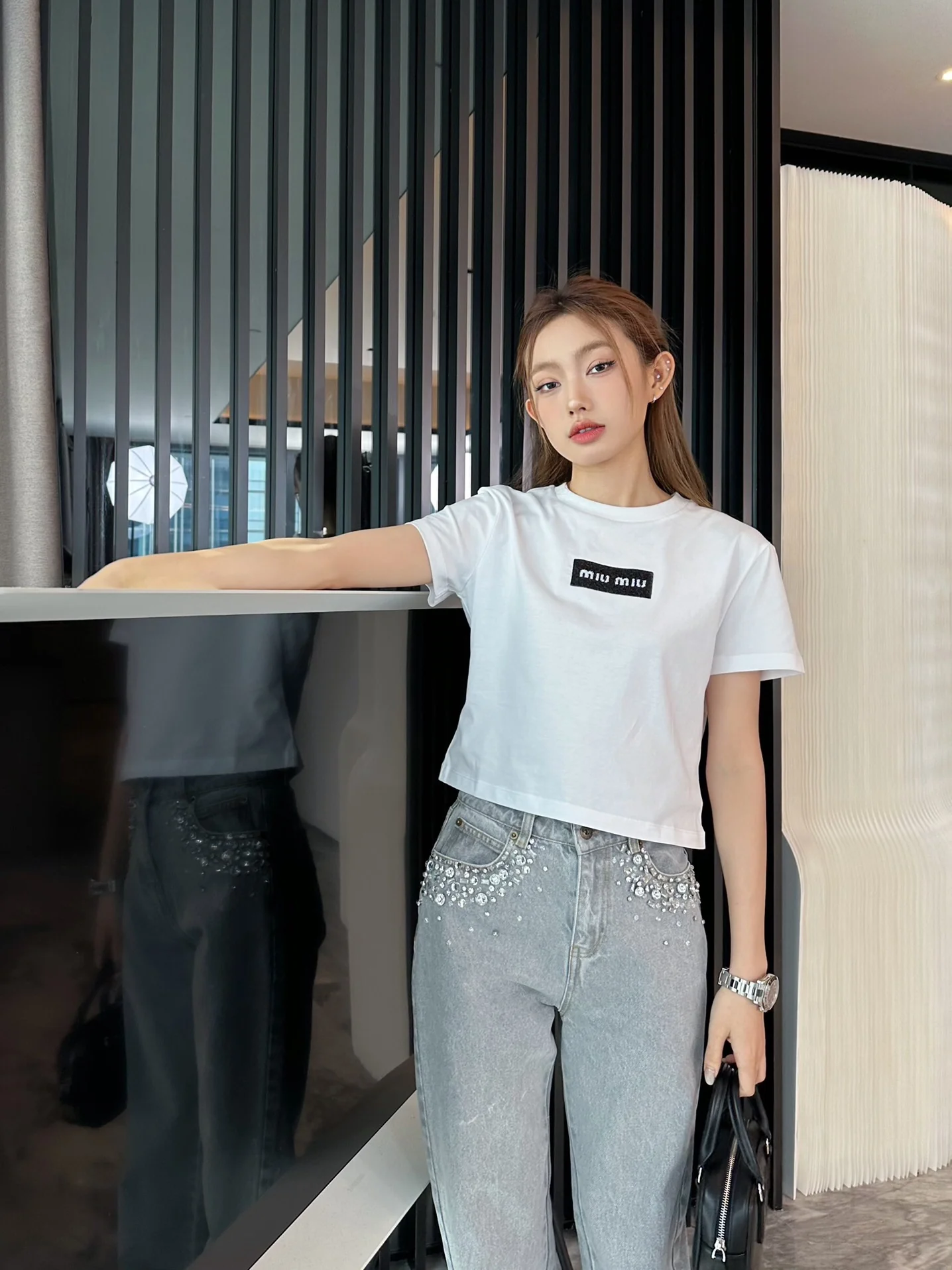 Miu Miu-2404 Однотонная трикотажная хлопковая футболка с коротким рукавом