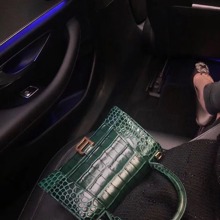 Сумка Balenciaga Hourglass – темно-зеленая с крокодиловым принтом