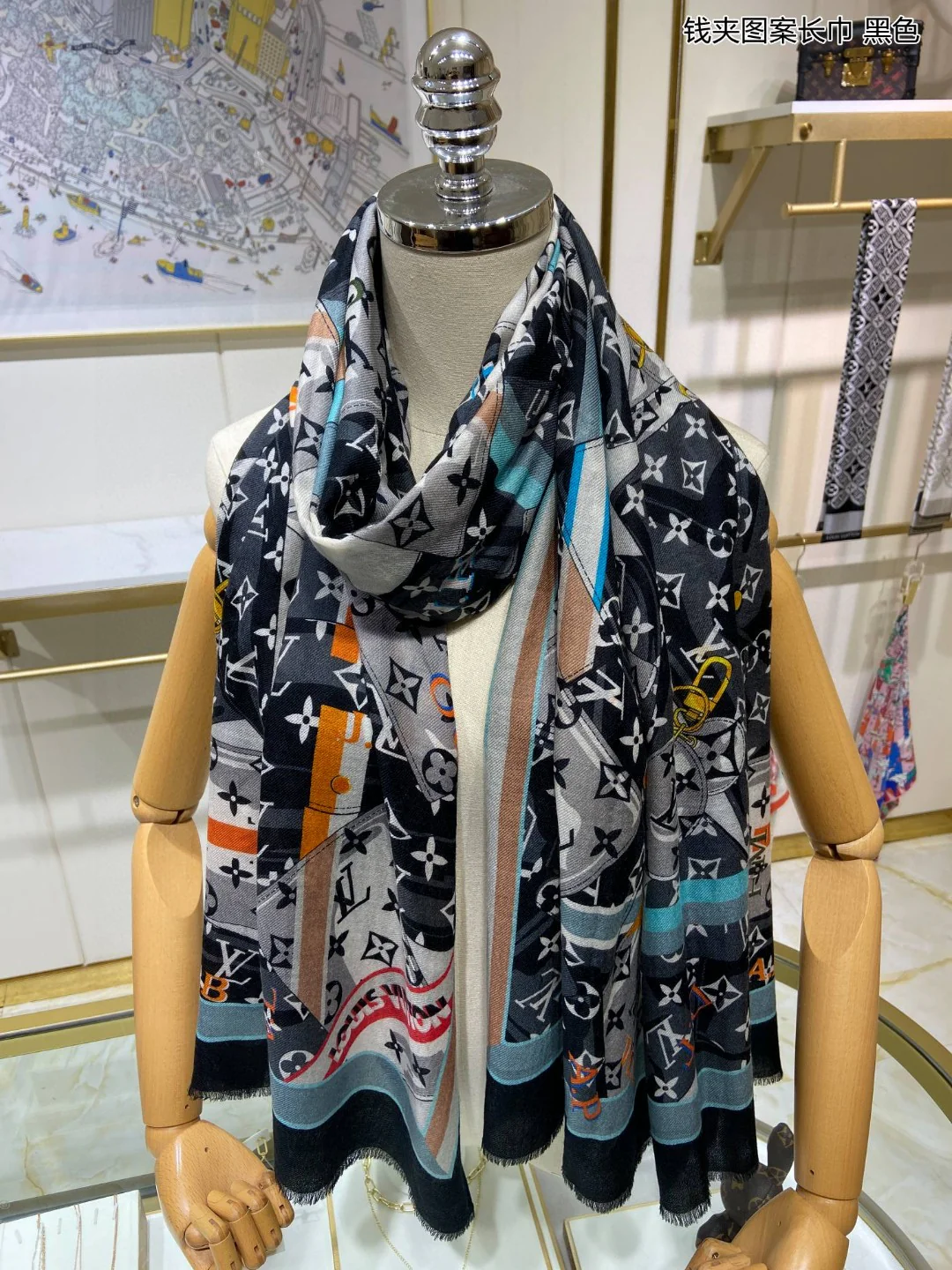 Длинный шарф LV с узором в виде кошелька - 90-100 см - высококачественный шелк саржевого переплетения.