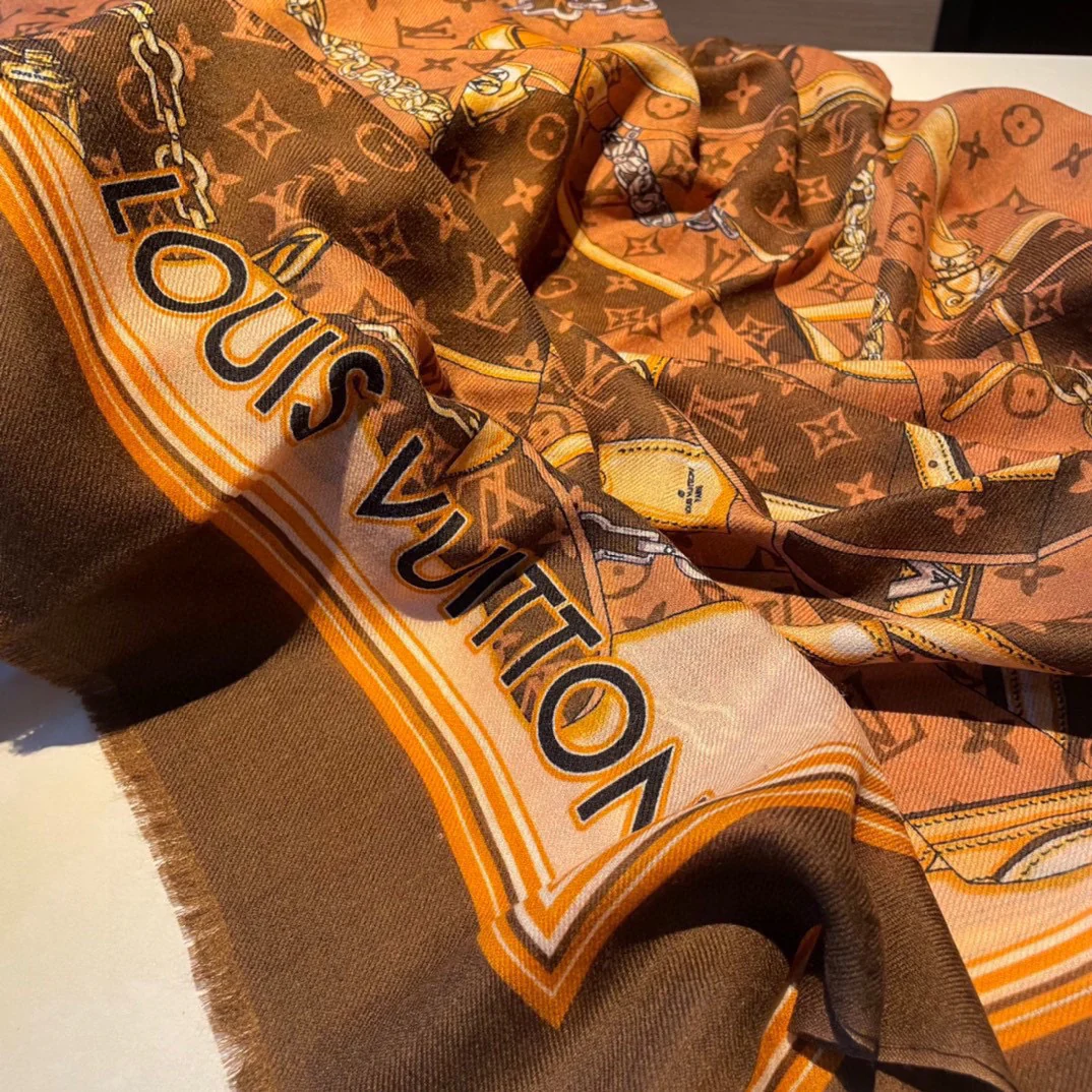 Шарф с монограммой LV, 110-200 см, 100% высококачественный кашемир, коричневый.