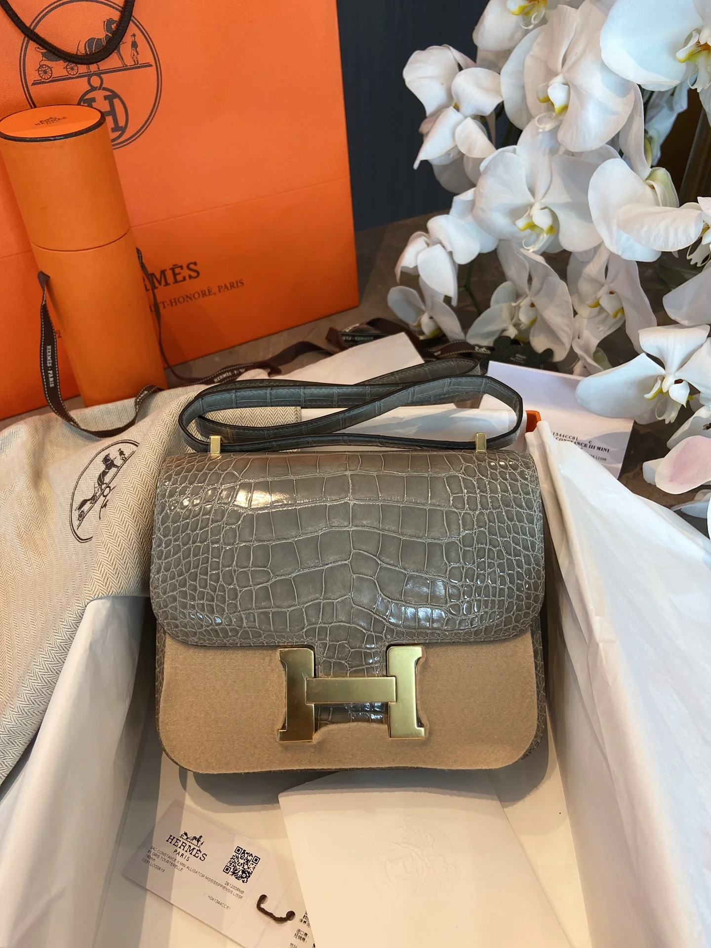 Hermes-constance-gris-tourterelle-81-spotted dove-gray-crocodile-gold buckle