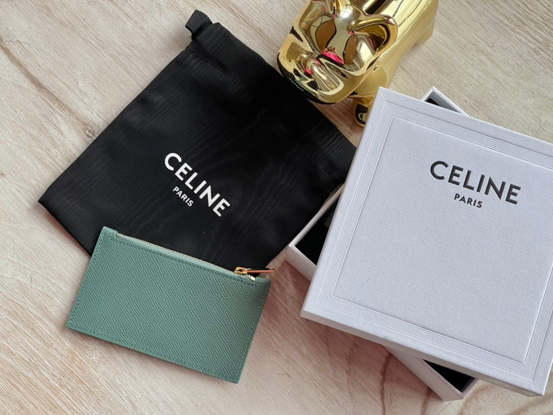 Кардхолдер Celine из зернистой телячьей кожи с застежкой-молнией - бирюзовый