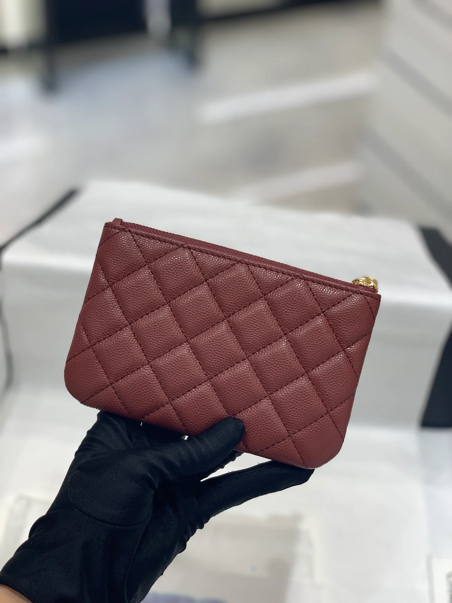 Chanel-经典双C 枣红色拉链零钱包/钥匙包