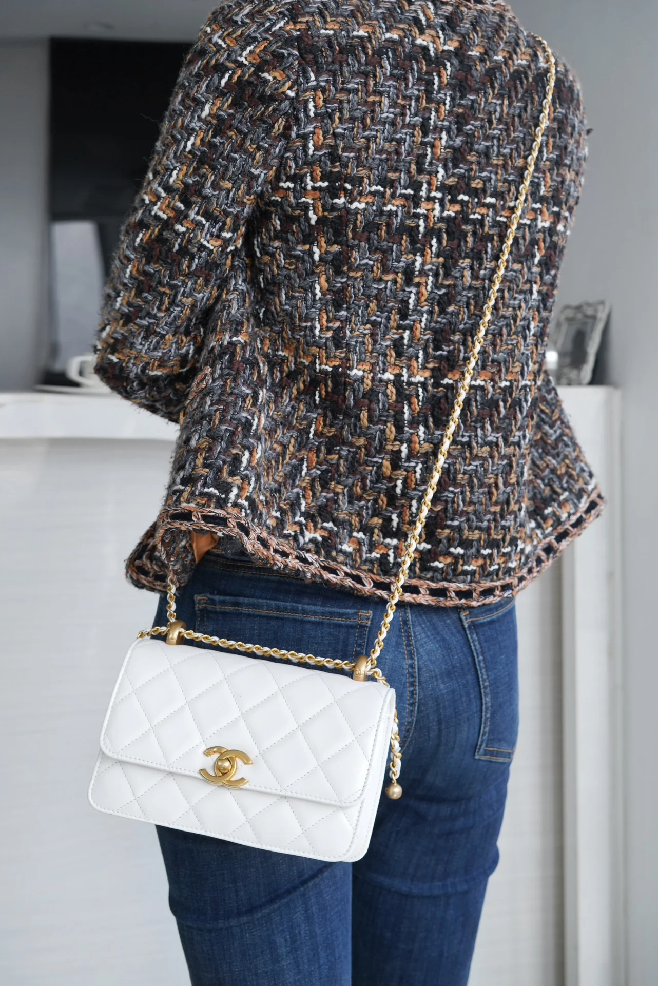 Chanel 24c Double Gold Ball CF Mini 19 White