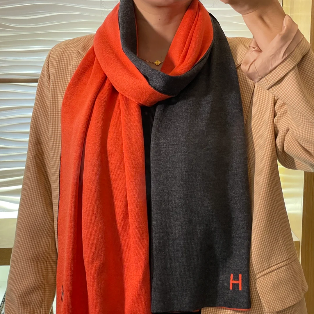 Вязаный кашемировый двусторонний шарф Hermes - 32 см - 180 см - оранжево-серый