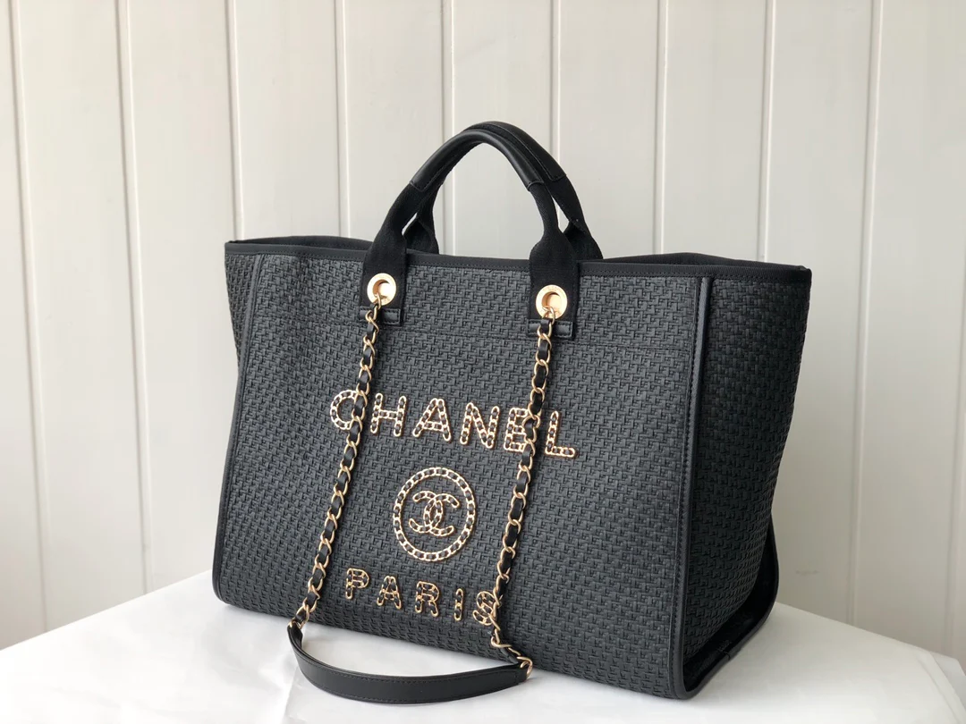 Соломенная пляжная сумка Chanel - Черная - Большая