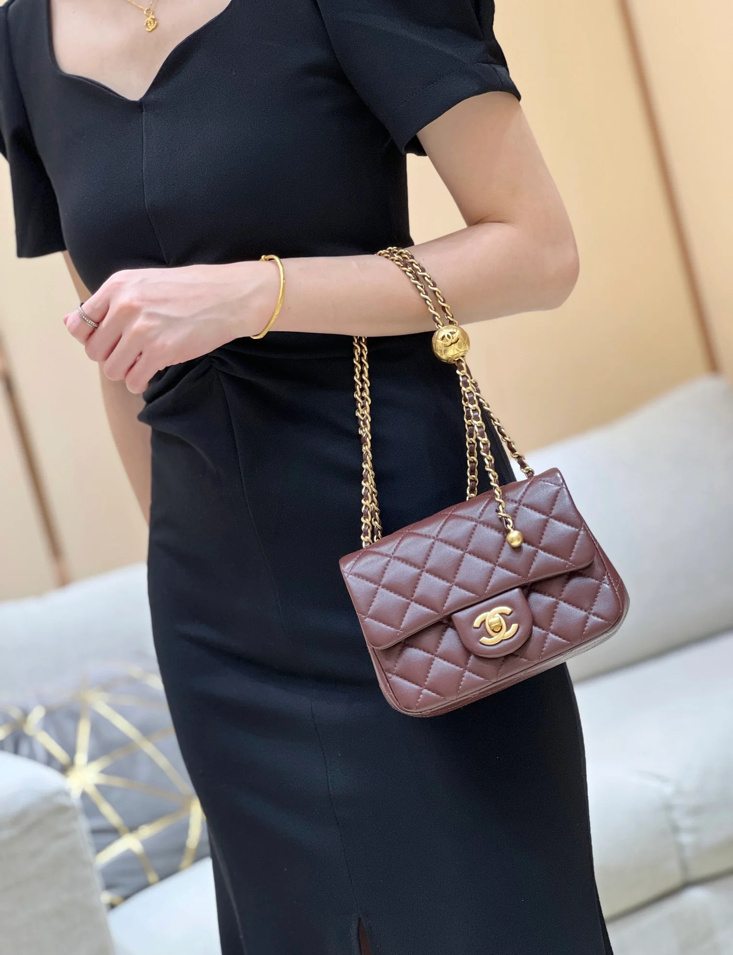 Chanel CF Gold Ball Square Fat Man - Burgundy