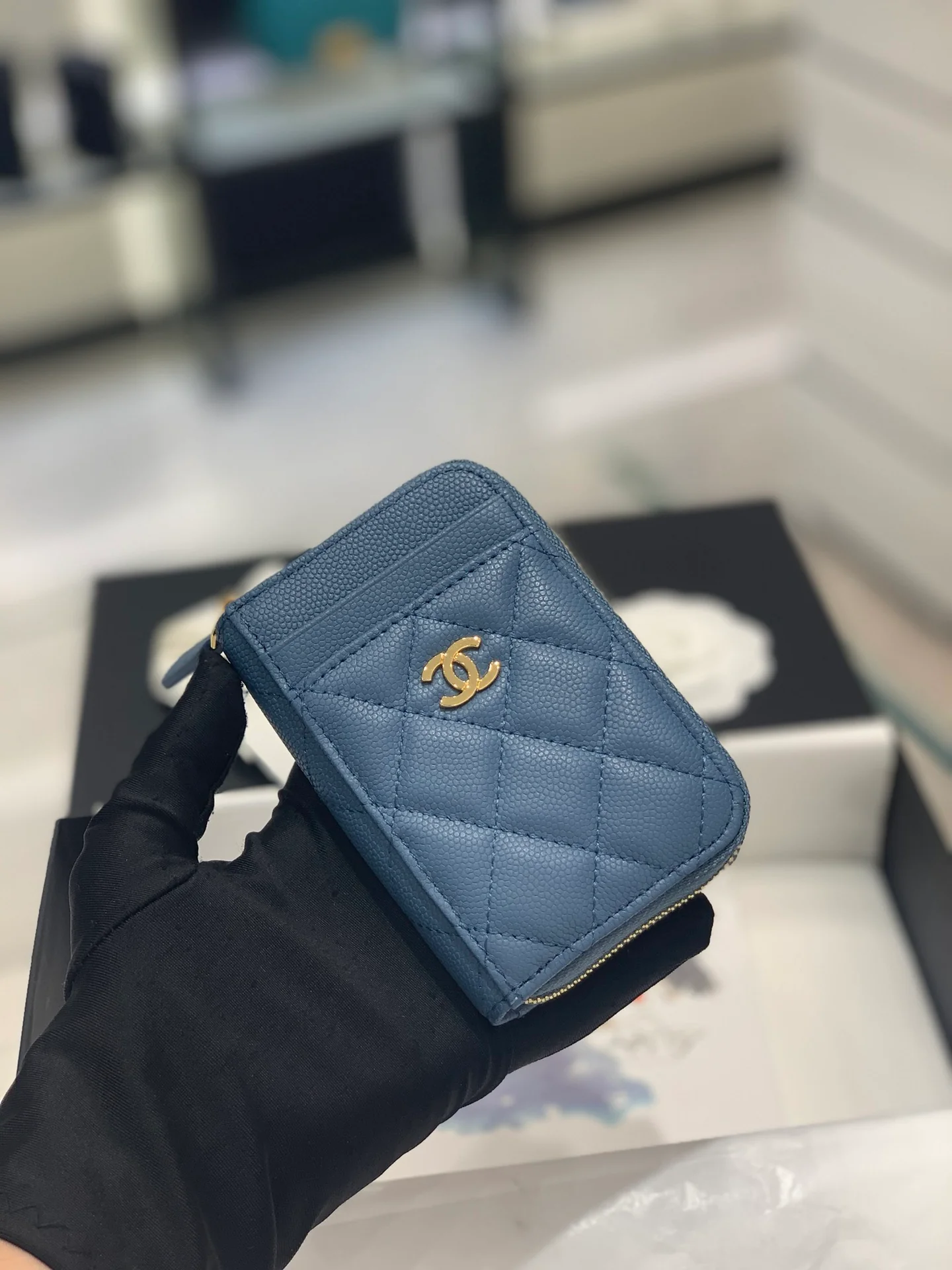 Chanel-菱格纹拉链卡包钱包 蓝色