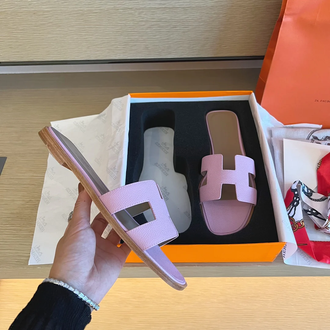 Тапочки Hermes-h на плоской подошве - серия с принтом пальмовых листьев - 1