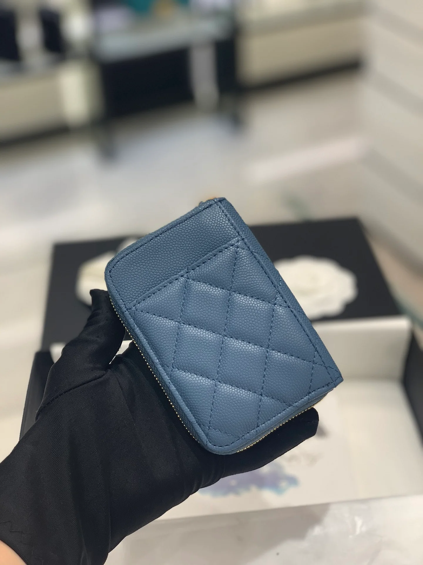 Chanel-菱格纹拉链卡包钱包 蓝色