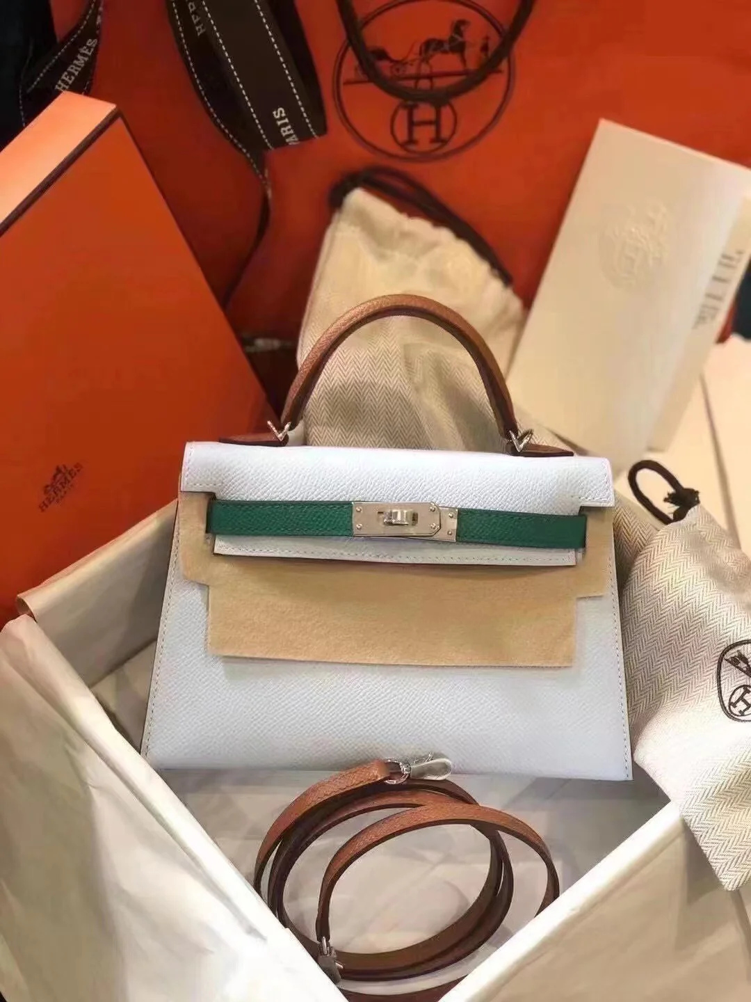 Hermes Kelly 25 Epsom Sesame Green Imperial Green T0 Tricolor Silver Buckle