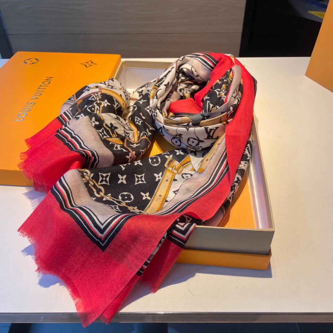 Шарф с монограммой LV, 110-200 см, 100% высококачественный кашемир, красный.