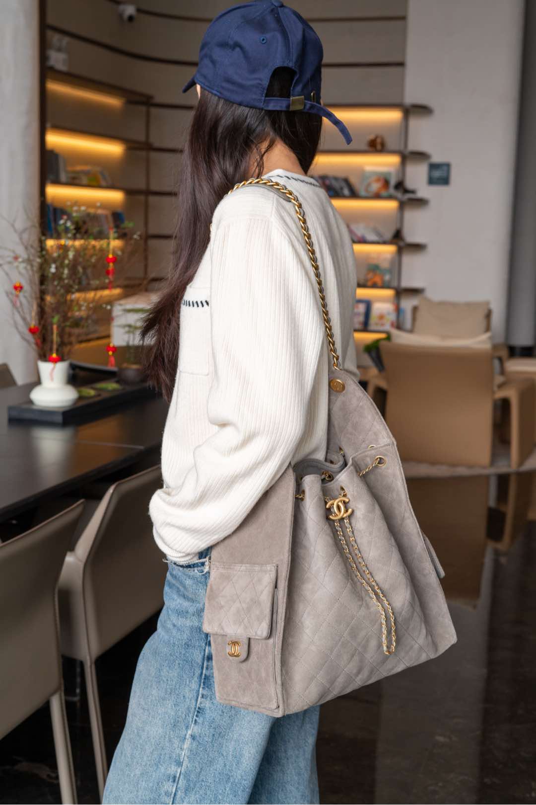 Сумка-ведро Chanel 25c 25bag на завязках, маленький размер, замша - серая