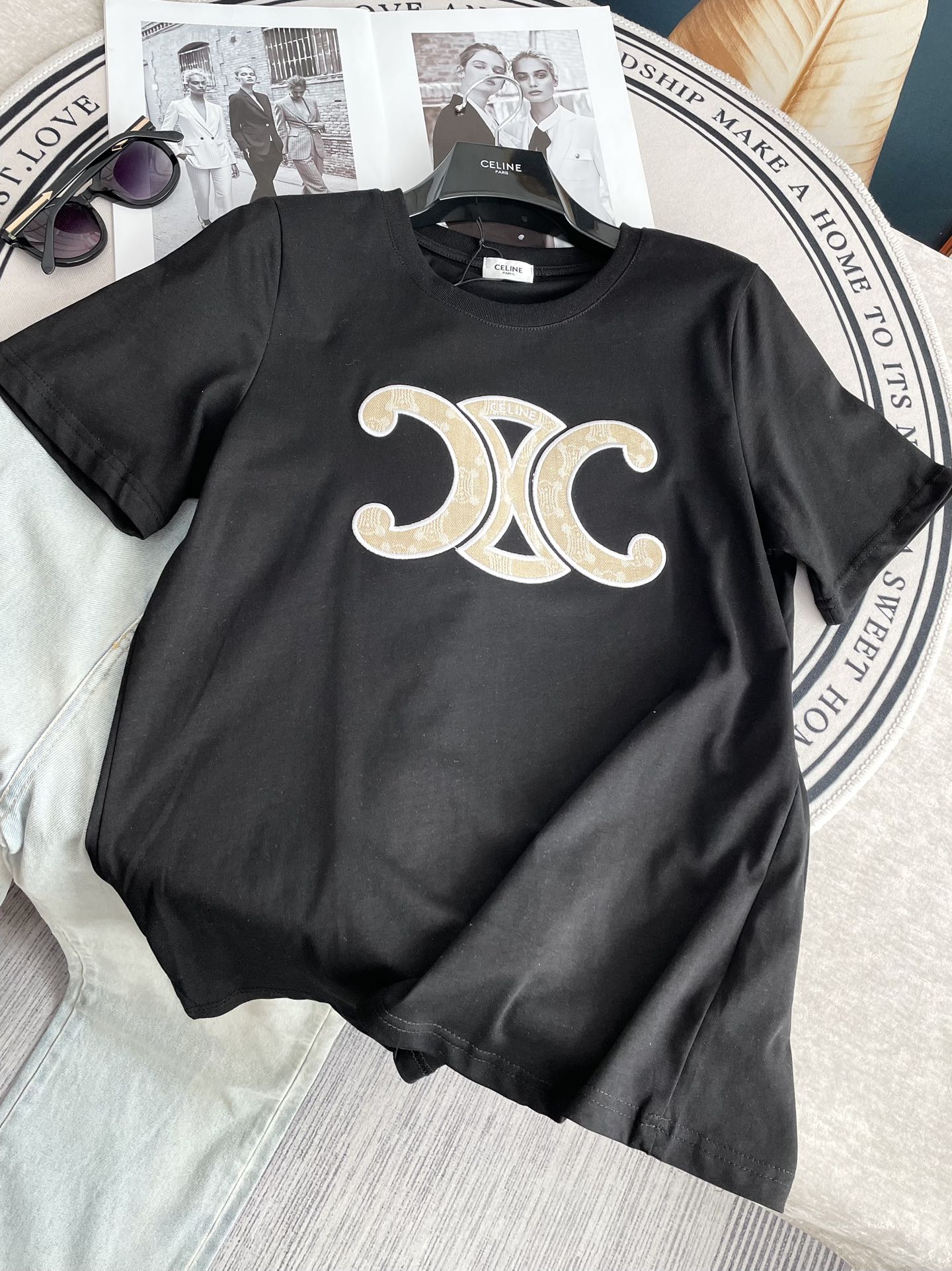 Джинсовая блузка Celine 2404 Jacquard Arc de Triomphe с коротким рукавом - черная