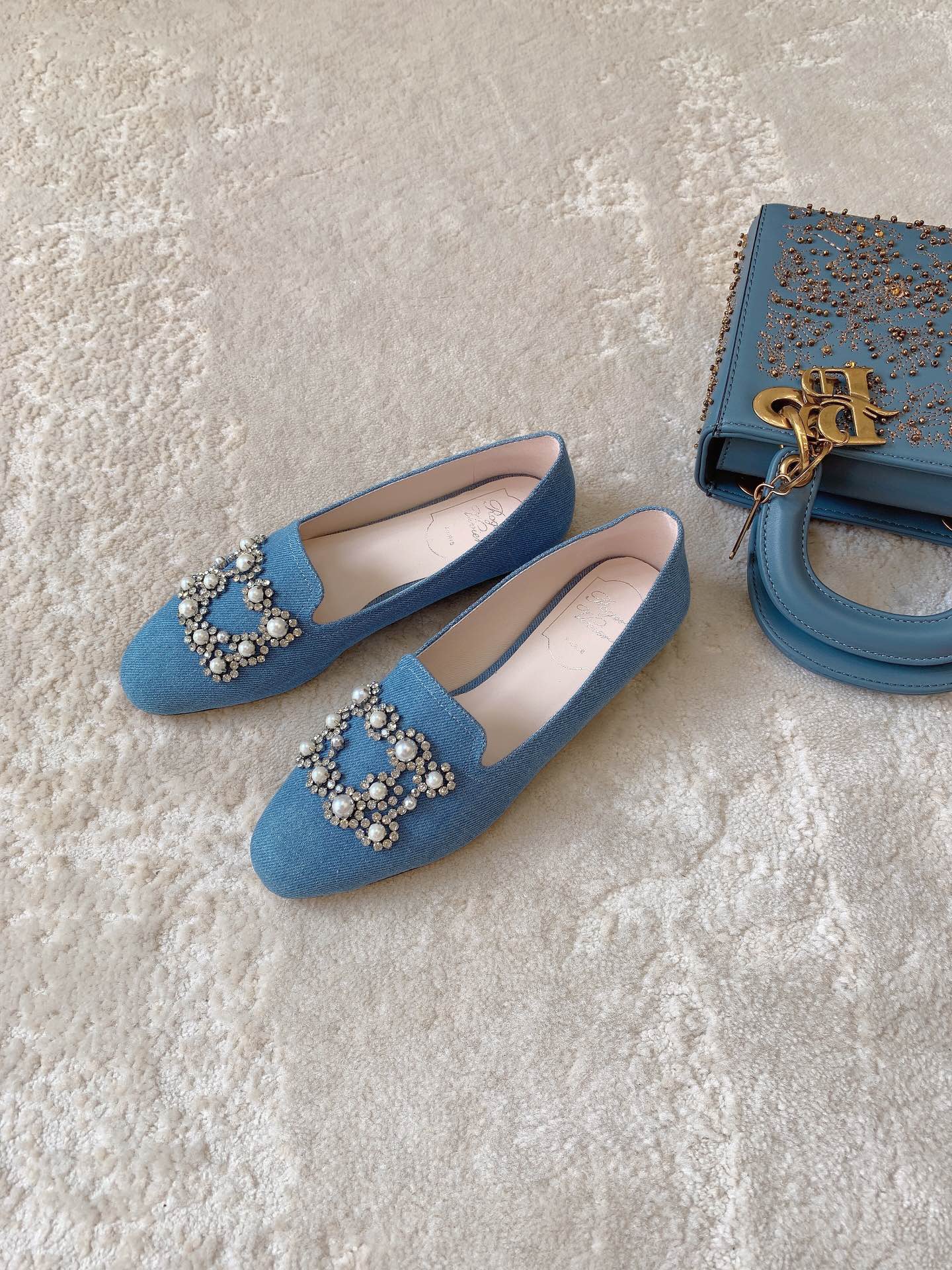Обувь RV Shoes - Новинка весны/лета 2023 - Балетки с пряжкой из жемчуга и страз - Синие