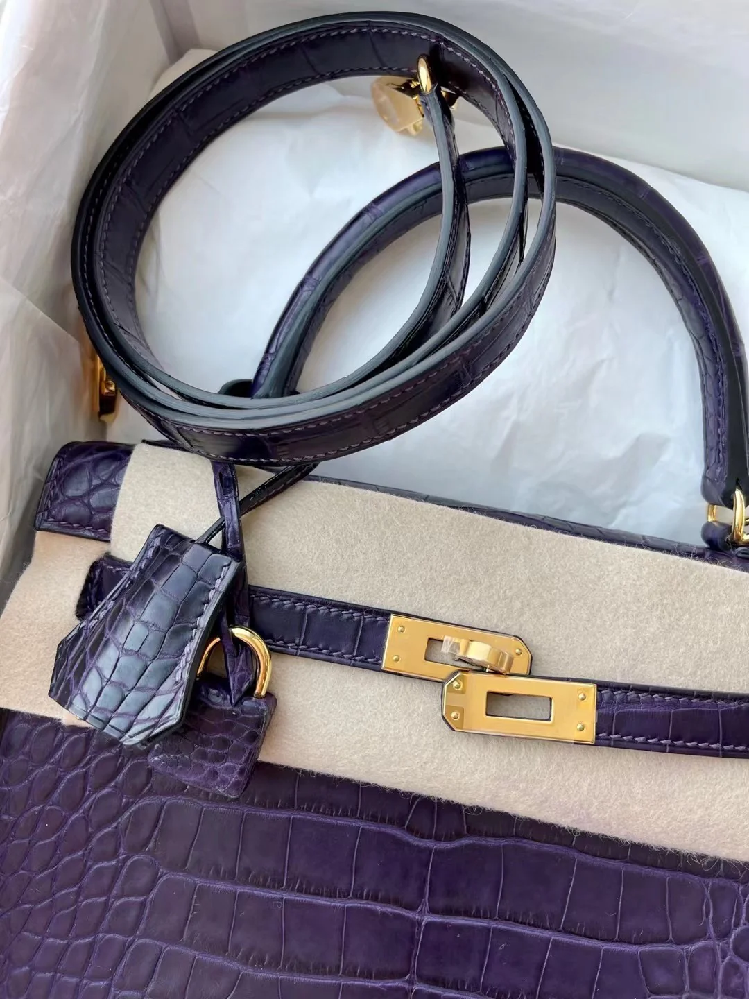 Hermes Kelly 25 Crocodile 9g Crystal Purple Gold Buckle