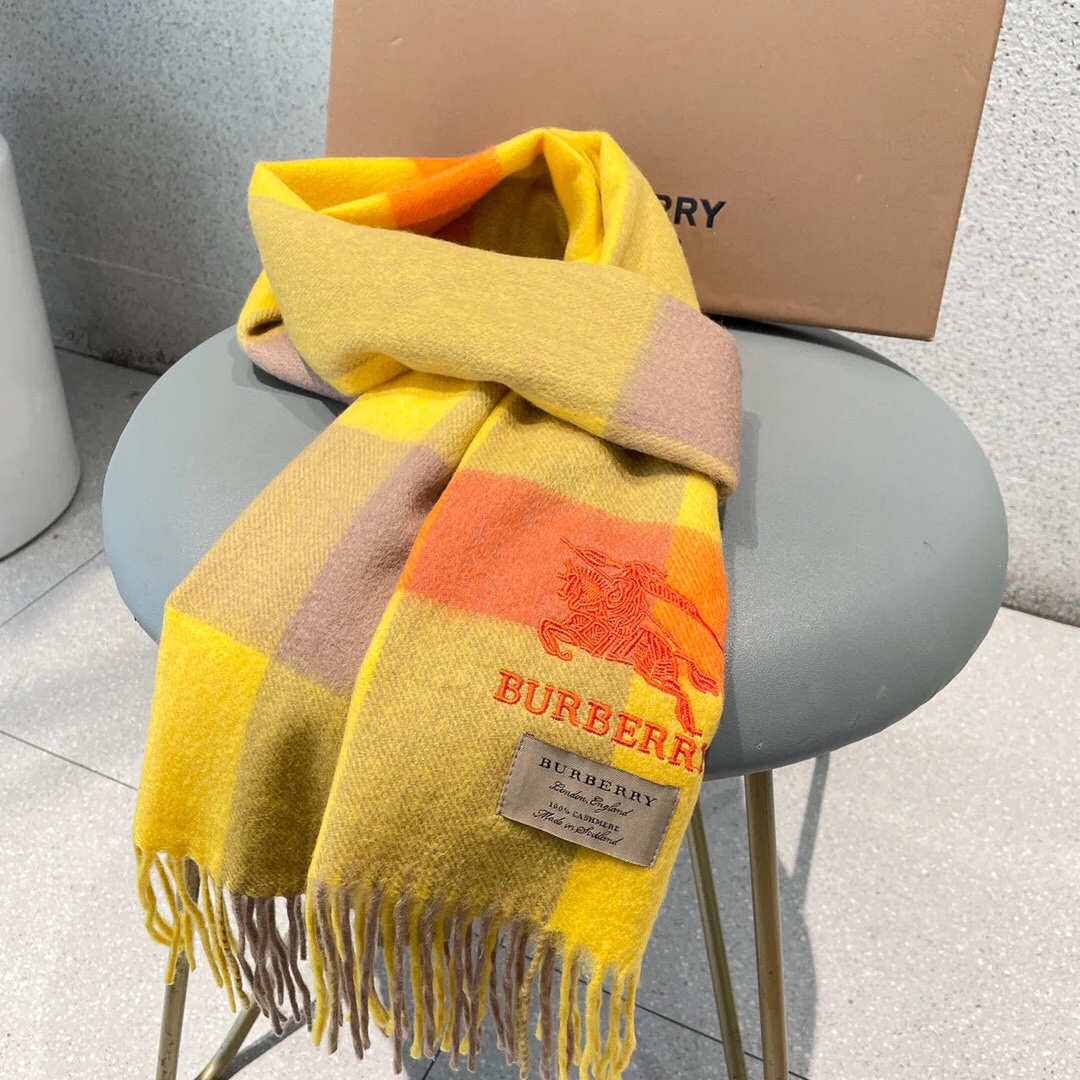 Классический кашемировый клетчатый шарф Burberry с узором ?водная рябь? — 32 см (180 см) — чистый кашемир — желтый