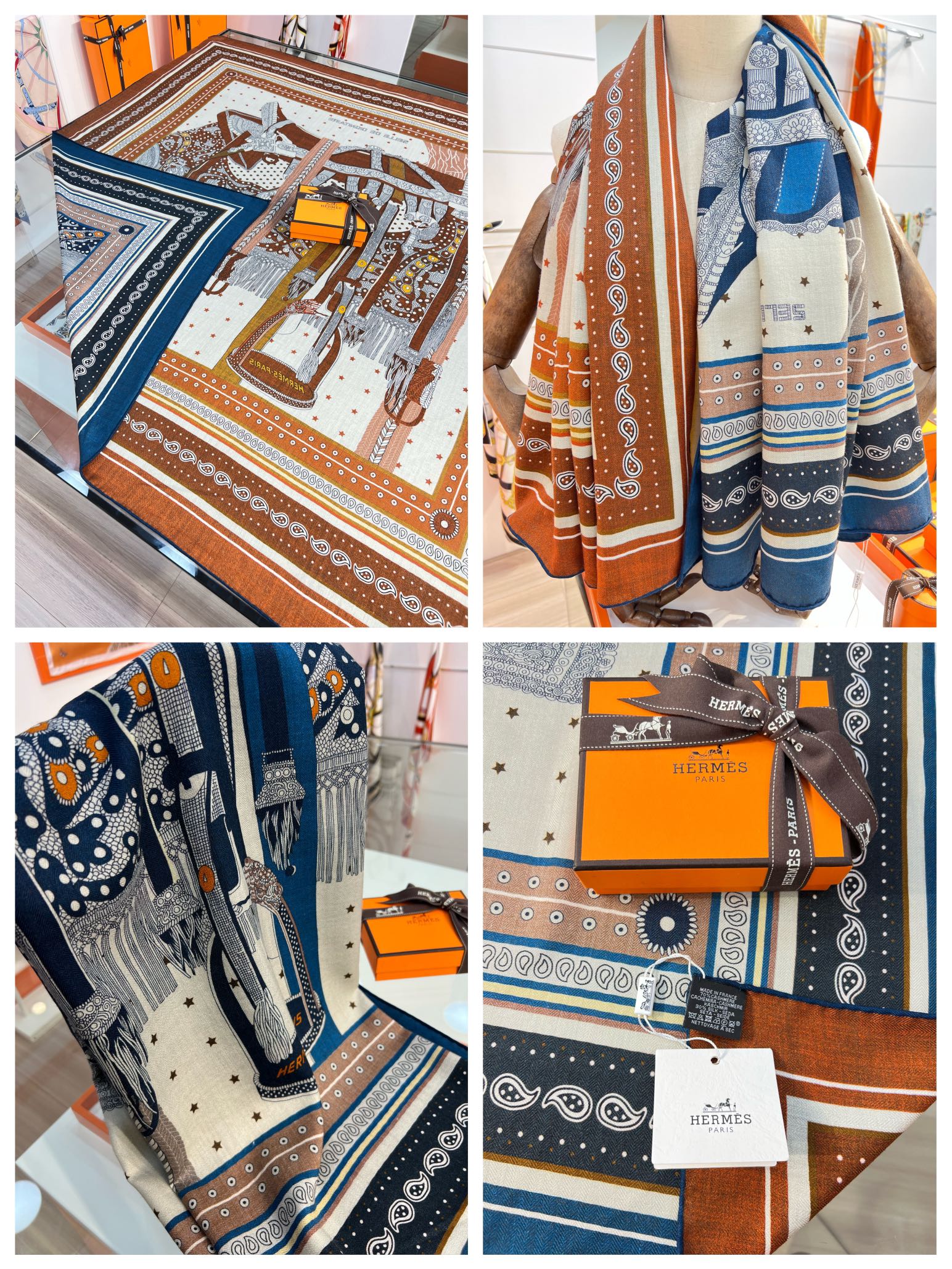 Большой двусторонний бархатный шарф Hermes - 140 см - 002