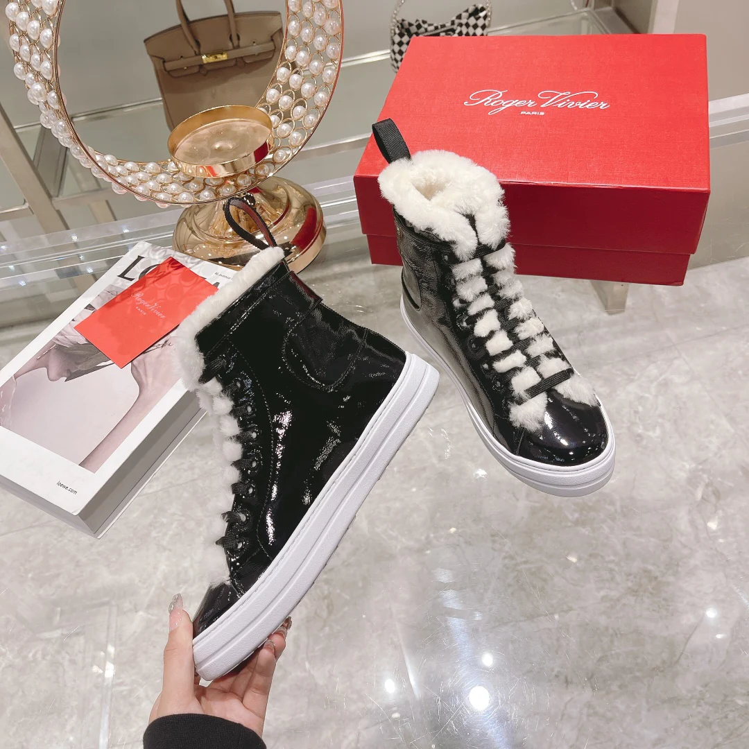 RV-Diamond Buckle Patent Leather Fur Lined High-top Shoes-White Fur Lining