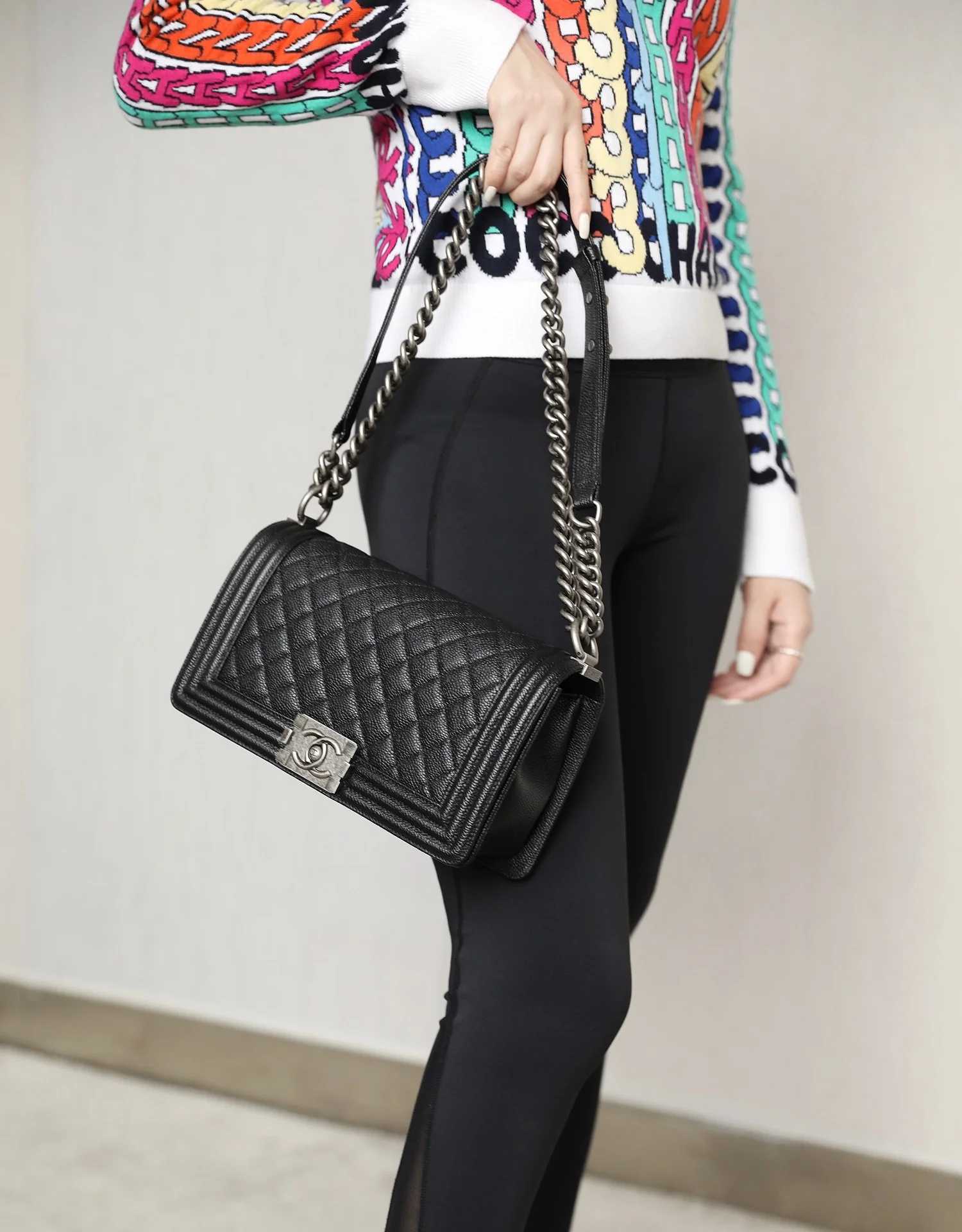 Chanel Le Boy Crystal Diamond Pattern Caviar - Medium - Black Silver